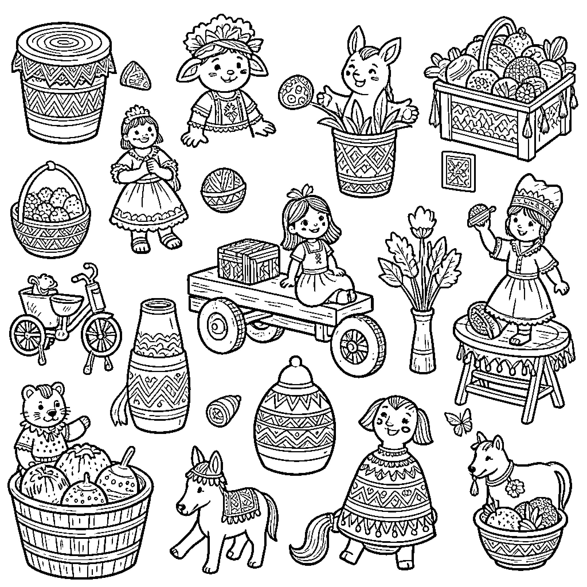 Traditional Toys with Unique Designs and Patterns Coloring Page (free black-and-white line drawing printable PDF for all, from beginners to advanced learners, including children, teens, adults, and seniors)