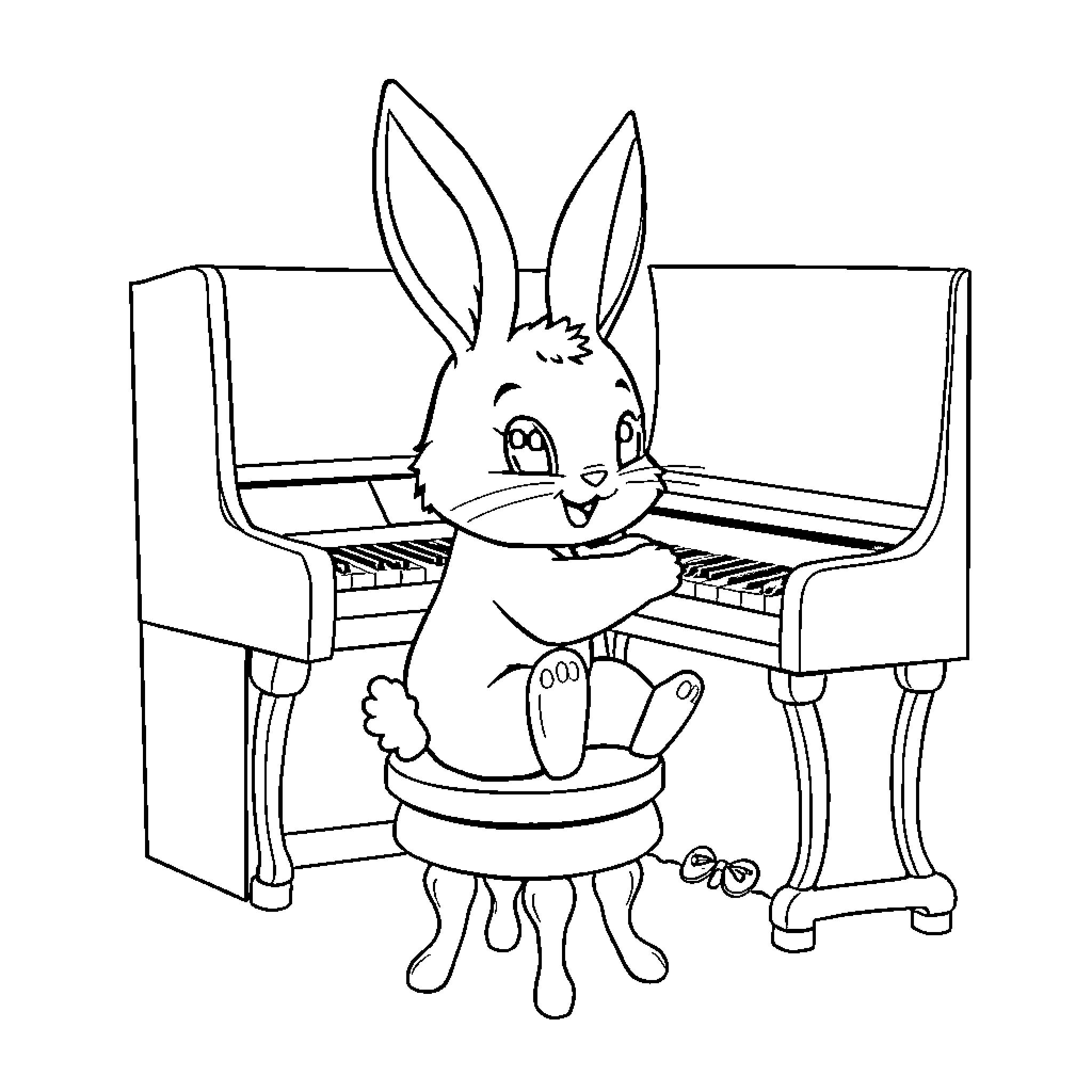 Skurbunny playing the piano happily Coloring Page (free black-and-white line drawing printable PDF for all, from beginners to advanced learners, including children, teens, adults, and seniors)