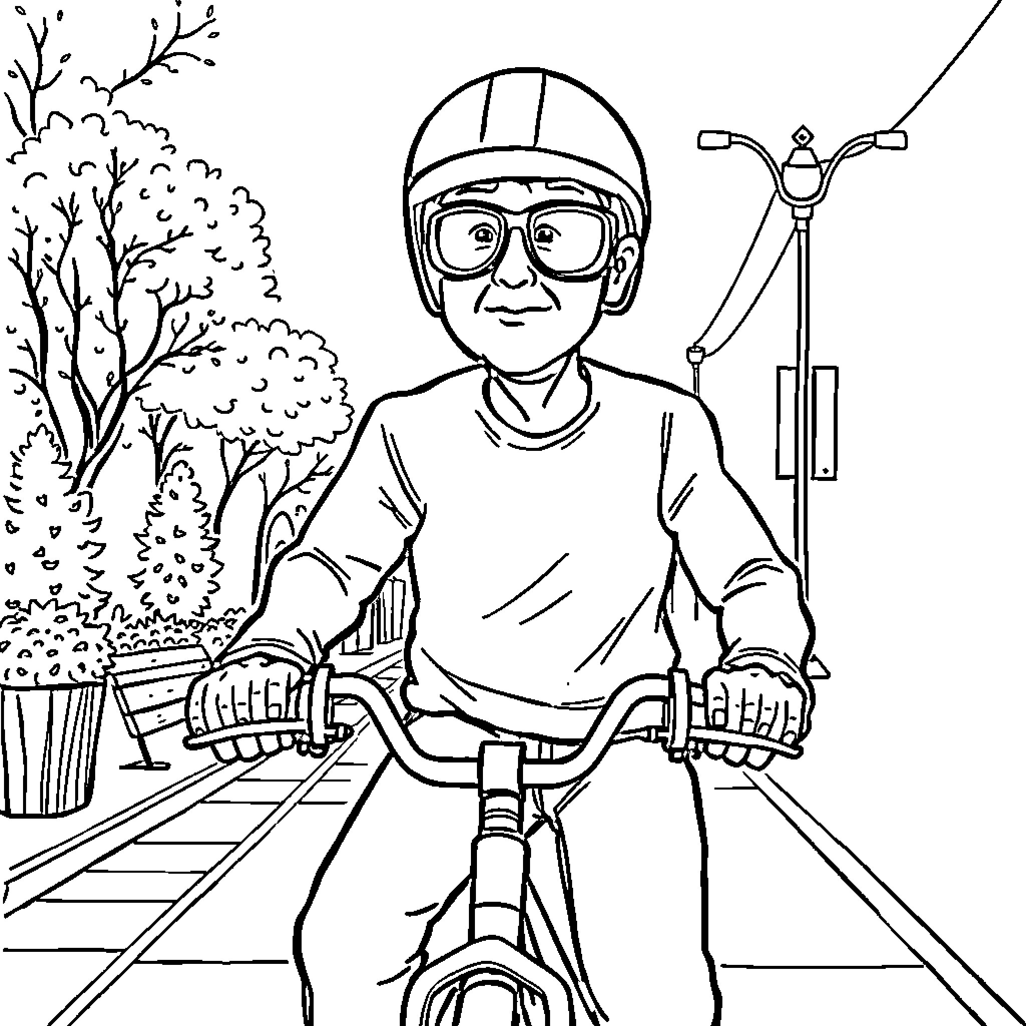 Sleeping Man Riding Bicycle on Road Coloring Page (free black-and-white line drawing printable PDF for all, from beginners to advanced learners, including children, teens, adults, and seniors)