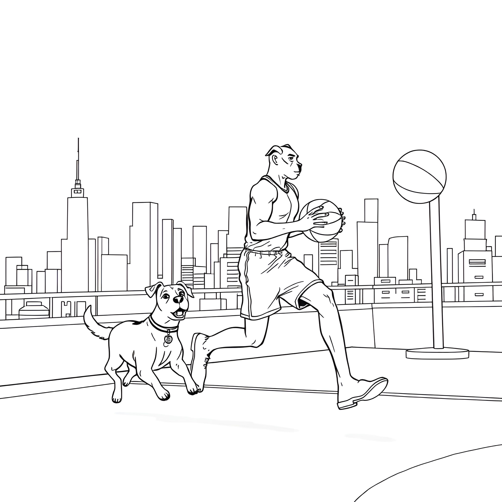 Boxer and his dog running on city street Coloring Page (free black-and-white line drawing printable PDF for all, from beginners to advanced learners, including children, teens, adults, and seniors)