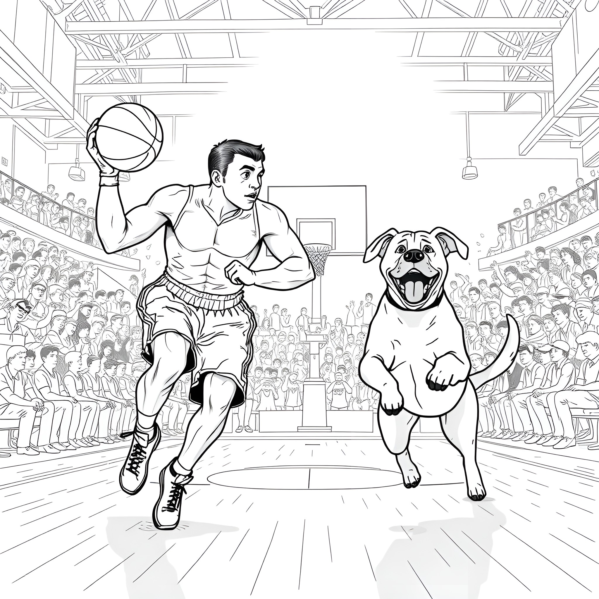 Boxer's Exhilarating Performance with Loyal Canine Companion Coloring Page (free black-and-white line drawing printable PDF for all, from beginners to advanced learners, including children, teens, adults, and seniors)