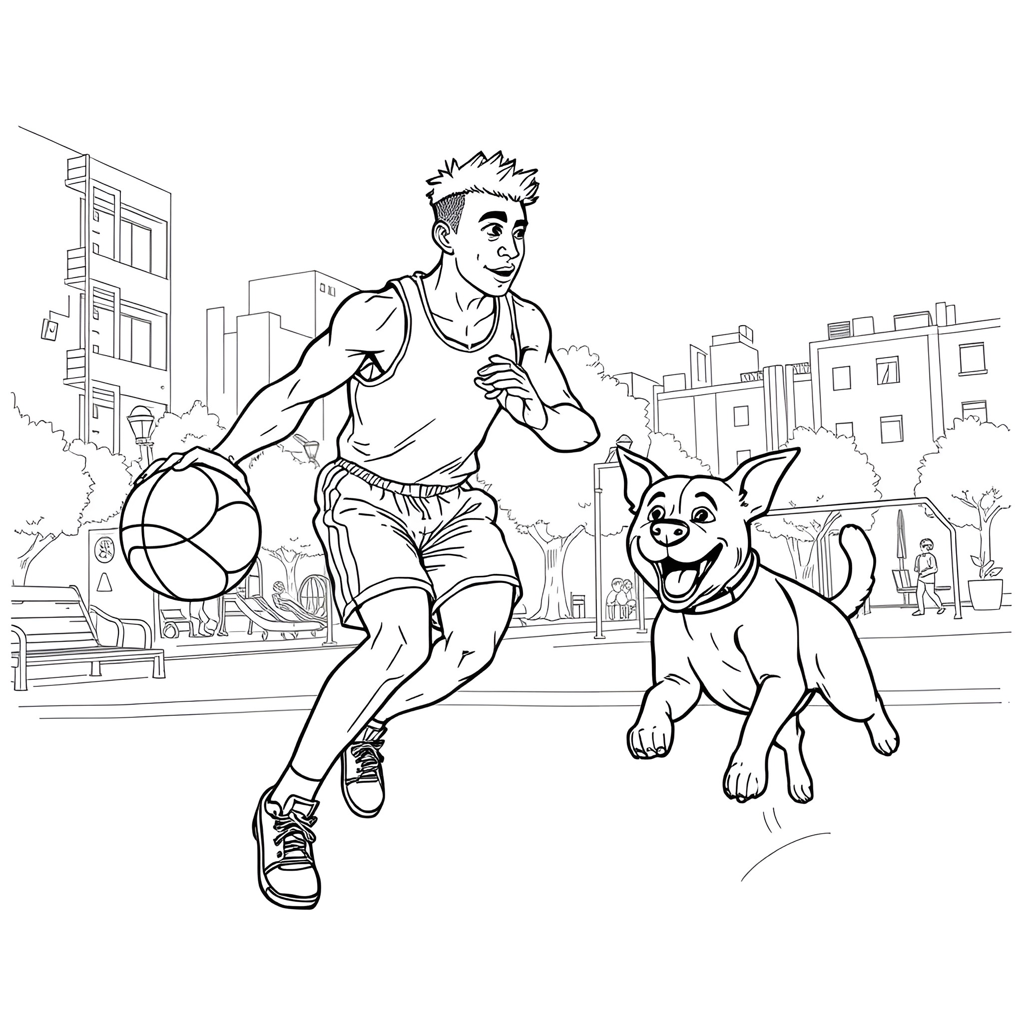 Boxer jogging with his dog in the city Coloring Page (free black-and-white line drawing printable PDF for all, from beginners to advanced learners, including children, teens, adults, and seniors)