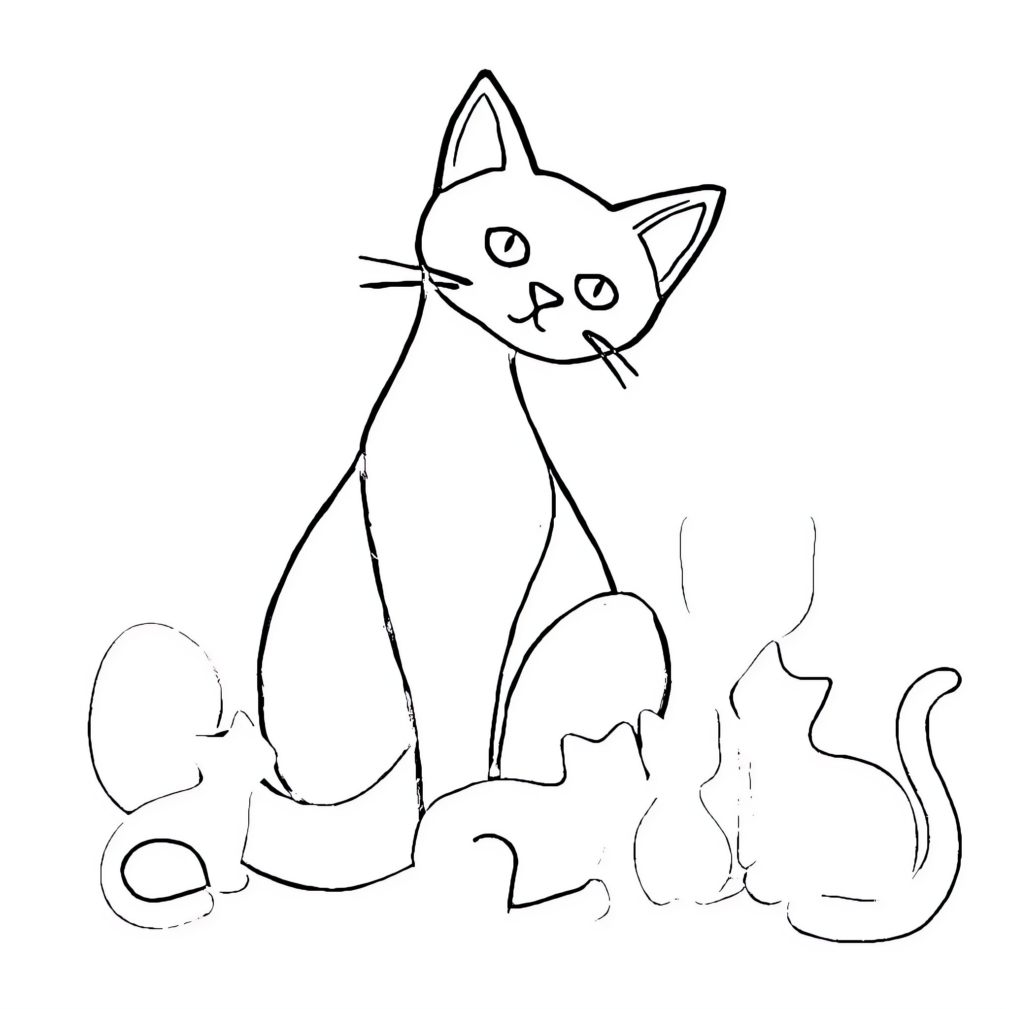 Cat Sitting with Kittens Coloring Page (free black-and-white line drawing printable PDF for all, from beginners to advanced learners, including children, teens, adults, and seniors)