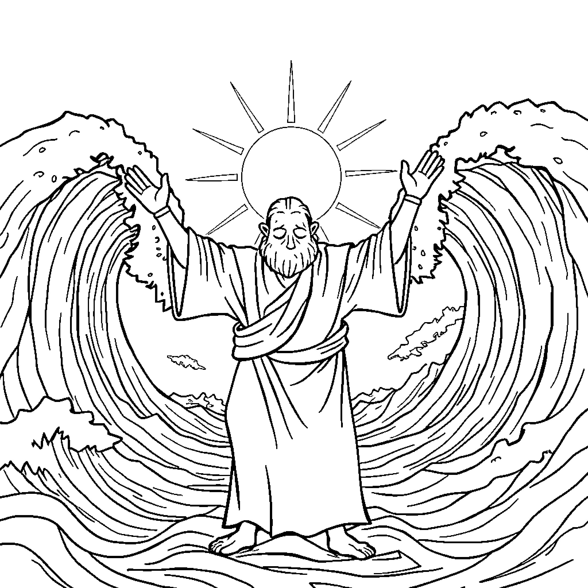 Moses Parting the Seas in Dramatic Attire Coloring Page (free black-and-white line drawing printable PDF for all, from beginners to advanced learners, including children, teens, adults, and seniors)
