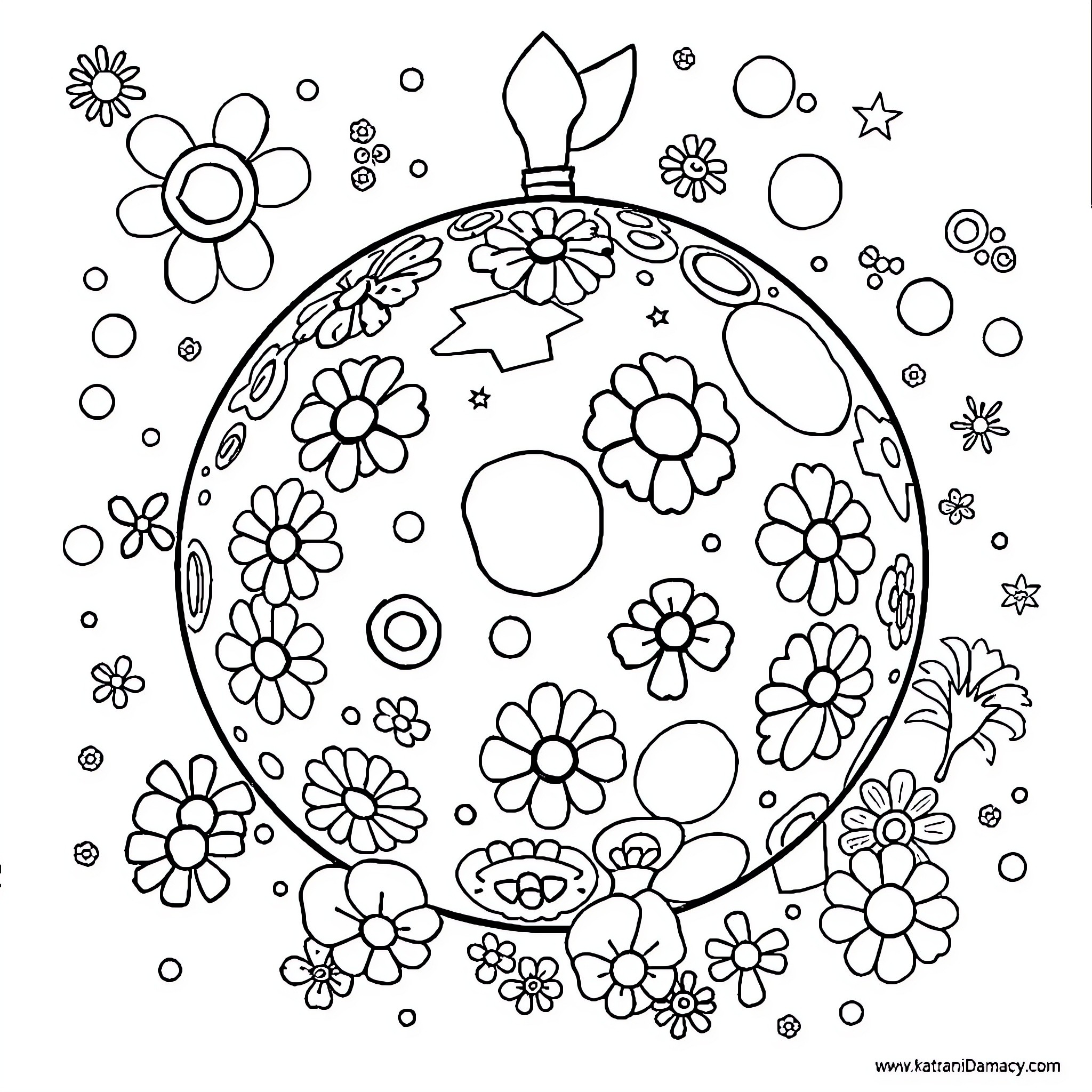 Katamari of Whimsical Floral Designs Coloring Page (free black-and-white line drawing printable PDF for all, from beginners to advanced learners, including children, teens, adults, and seniors)
