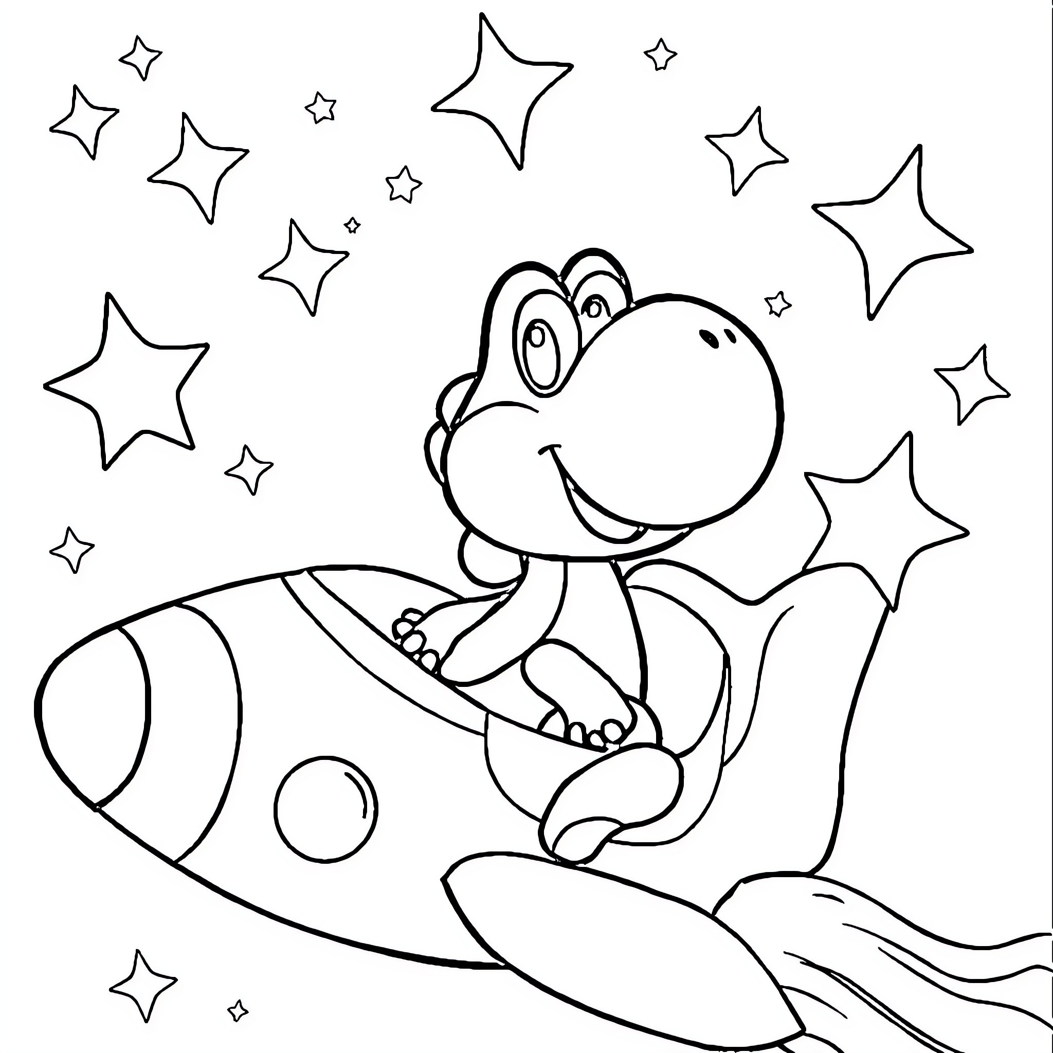 Yoshi's Interstellar Adventure Coloring Page (free black-and-white line drawing printable PDF for all, from beginners to advanced learners, including children, teens, adults, and seniors)