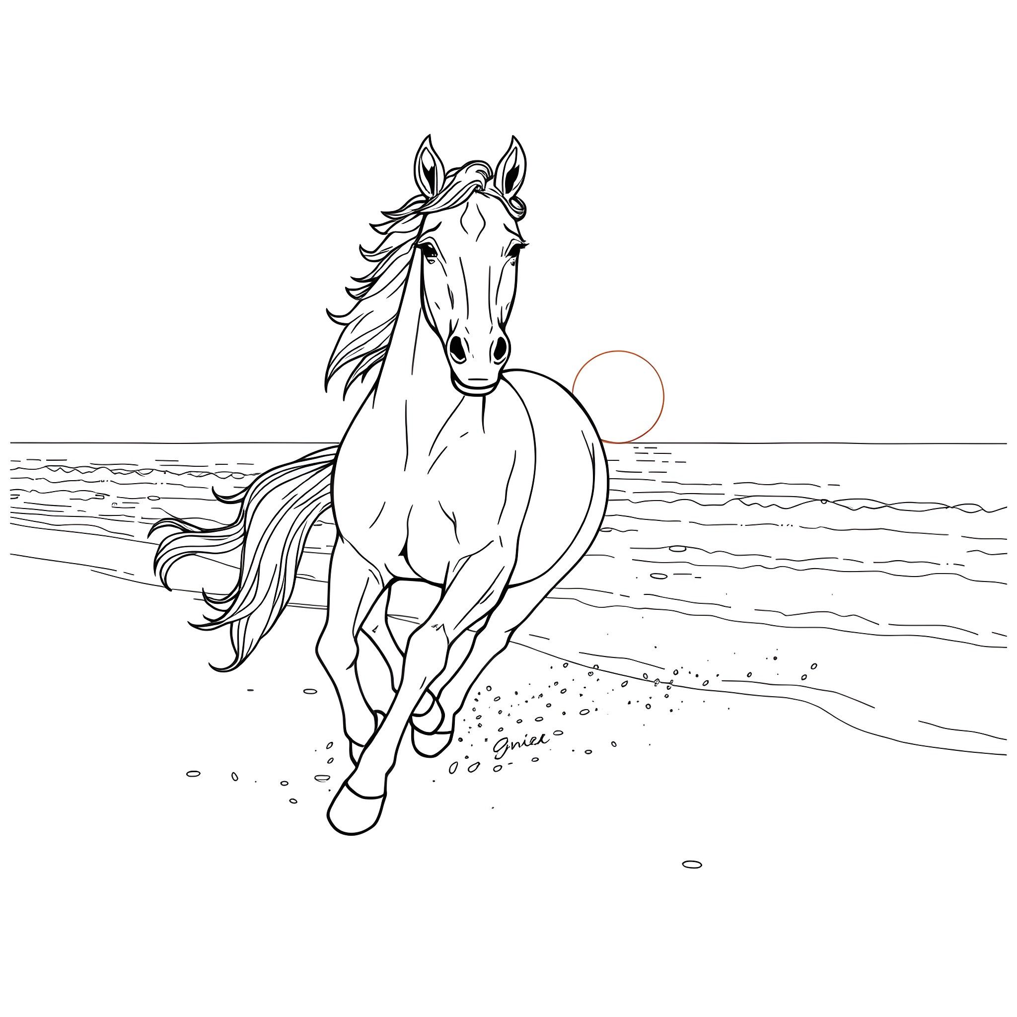 Horse running freely on the beach Coloring Page (free black-and-white line drawing printable PDF for all, from beginners to advanced learners, including children, teens, adults, and seniors)