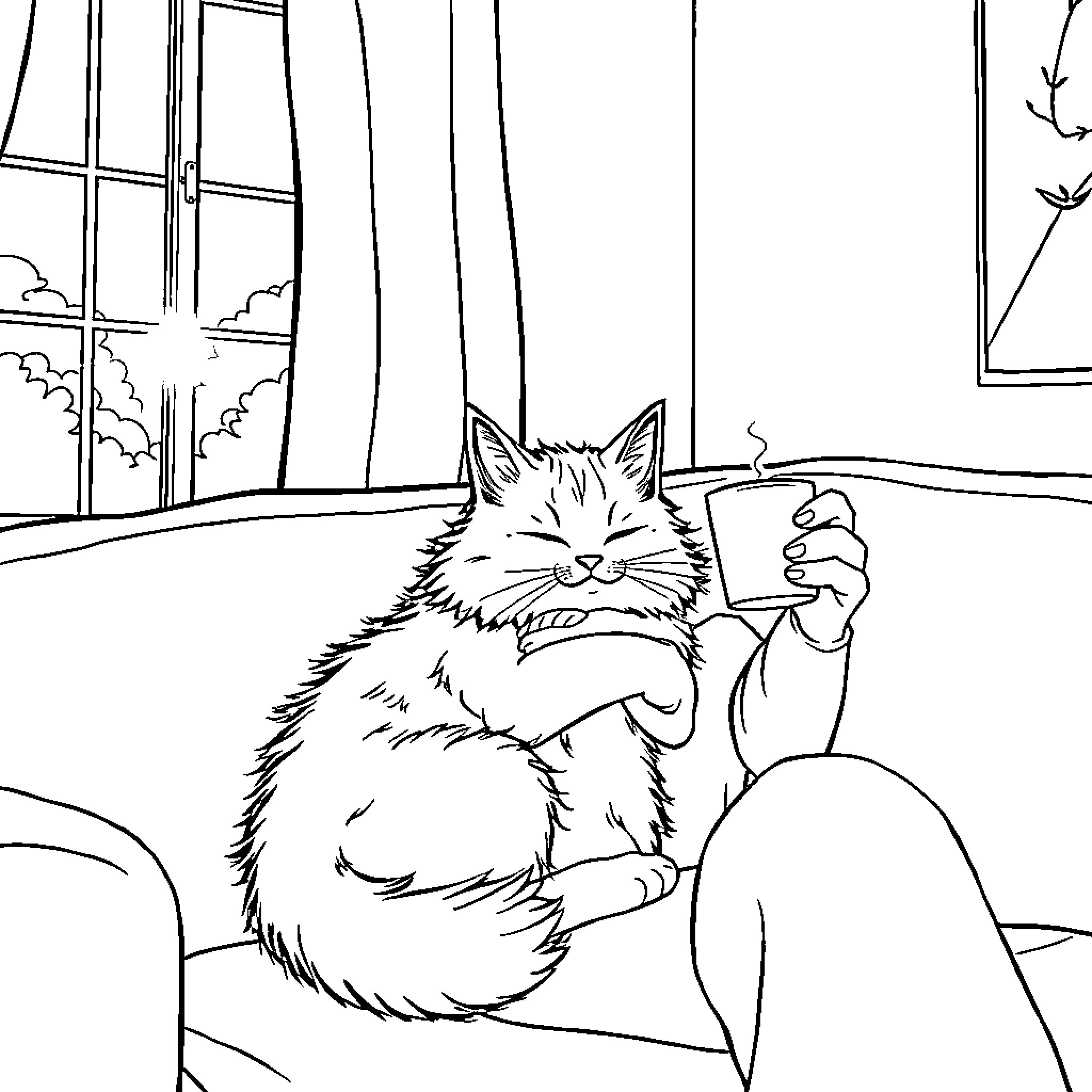 Cat enjoying a warm drink on a cozy day Coloring Page (free black-and-white line drawing printable PDF for all, from beginners to advanced learners, including children, teens, adults, and seniors)