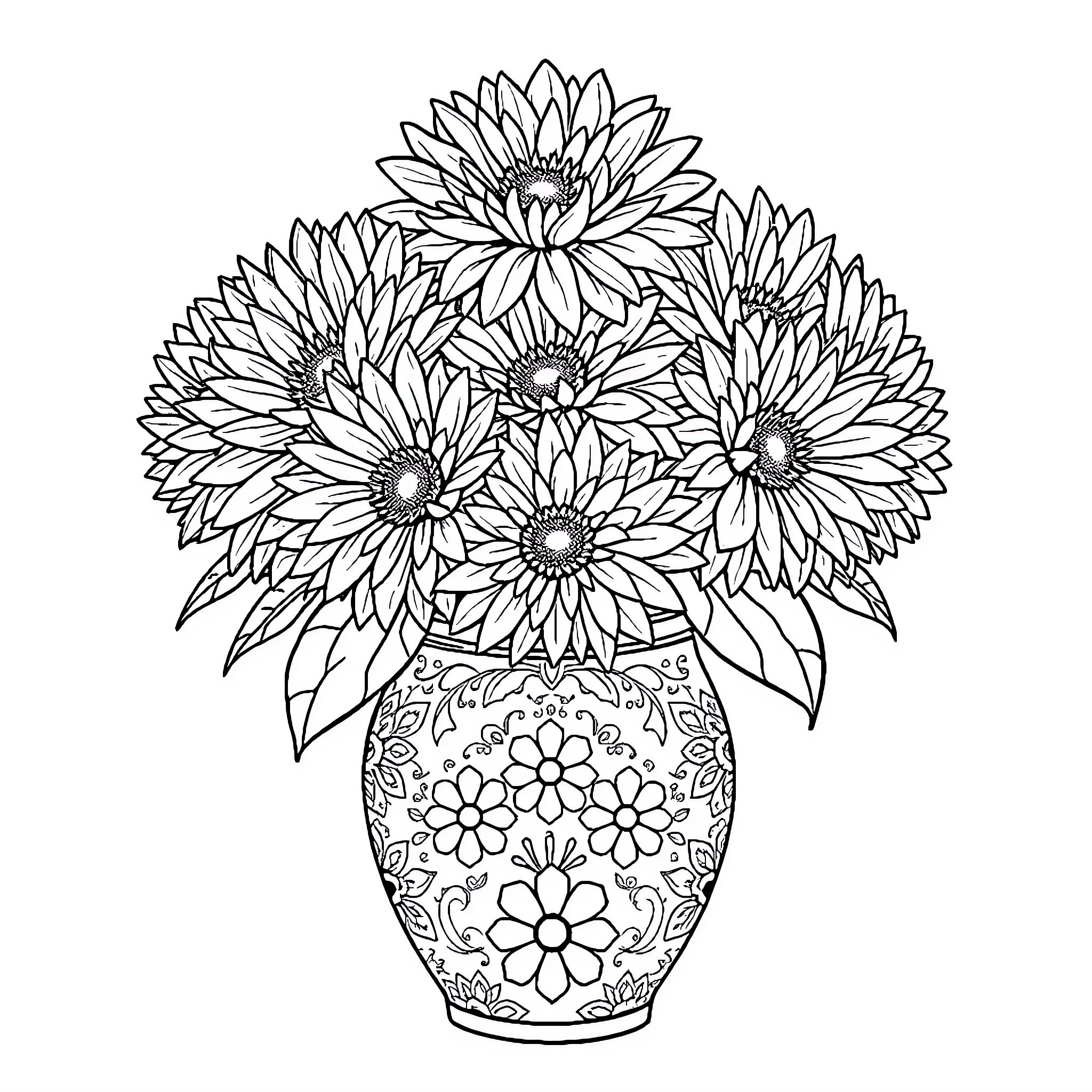Chrysanthemum bouquet in ornate vase Coloring Page (free black-and-white line drawing printable PDF for all, from beginners to advanced learners, including children, teens, adults, and seniors)