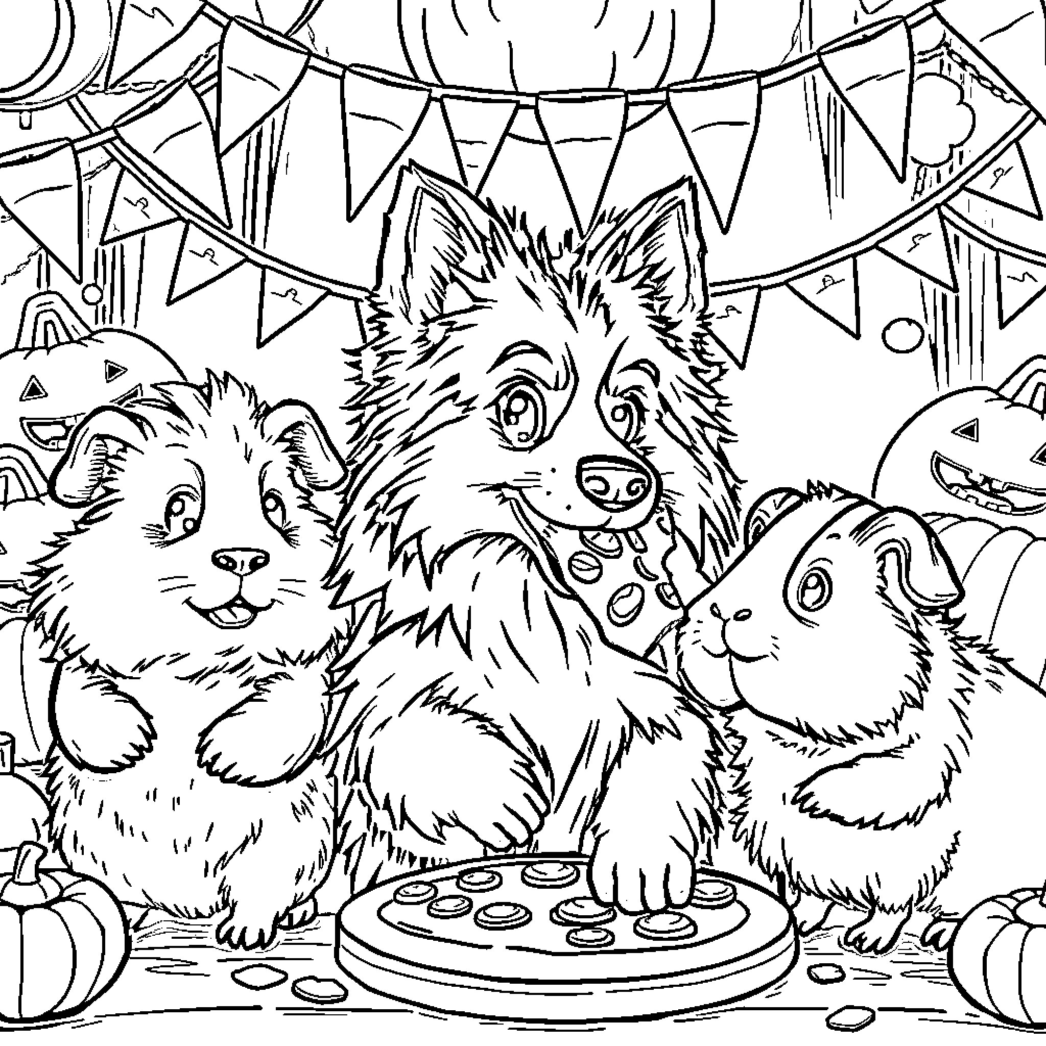 Sheltie Dogs Enjoying a Party Coloring Page (free black-and-white line drawing printable PDF for all, from beginners to advanced learners, including children, teens, adults, and seniors)