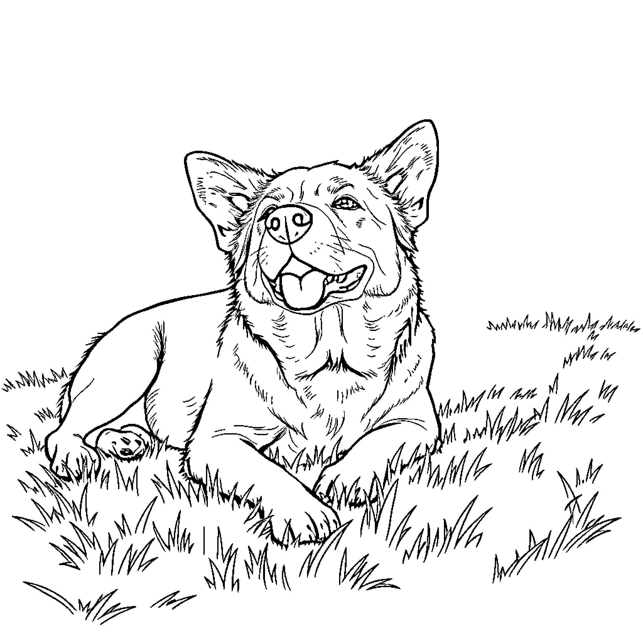 Dog resting peacefully in the grassy field Coloring Page (free black-and-white line drawing printable PDF for all, from beginners to advanced learners, including children, teens, adults, and seniors)