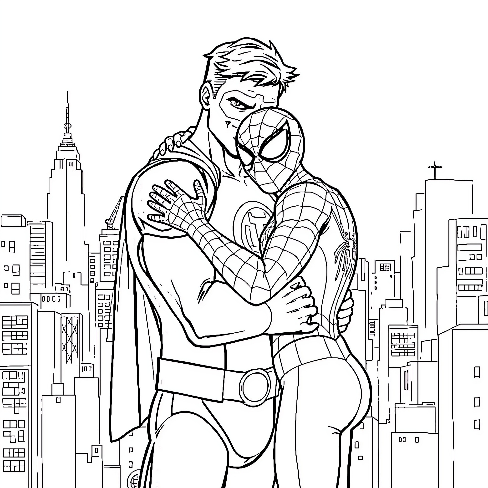 Green Lantern and Spiderman Heroic Teamwork in the City Coloring Page (free black-and-white line drawing printable PDF for all, from beginners to advanced learners, including children, teens, adults, and seniors)