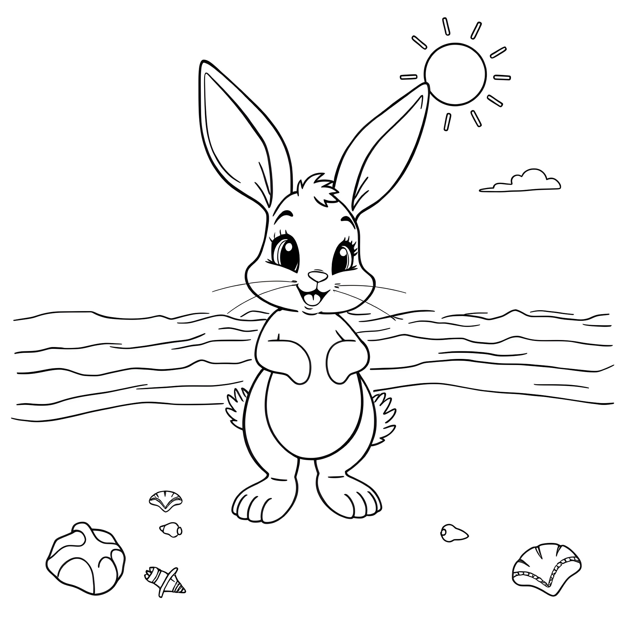 Lola Bunny relaxing on the beach Coloring Page (free black-and-white line drawing printable PDF for all, from beginners to advanced learners, including children, teens, adults, and seniors)