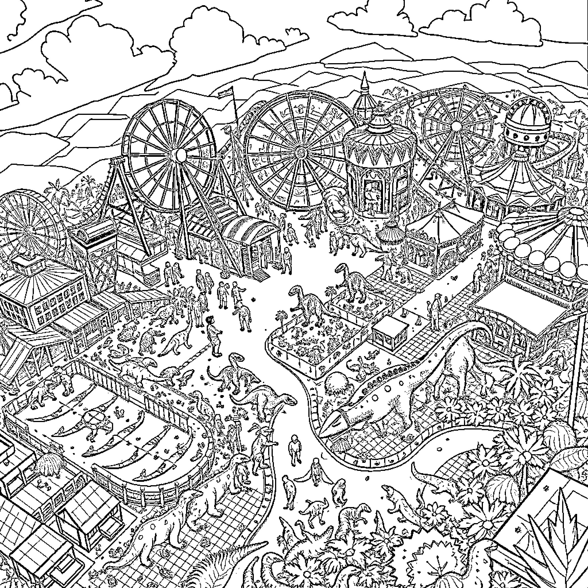 Themepark full of rides and attractions Coloring Page (free black-and-white line drawing printable PDF for all, from beginners to advanced learners, including children, teens, adults, and seniors)