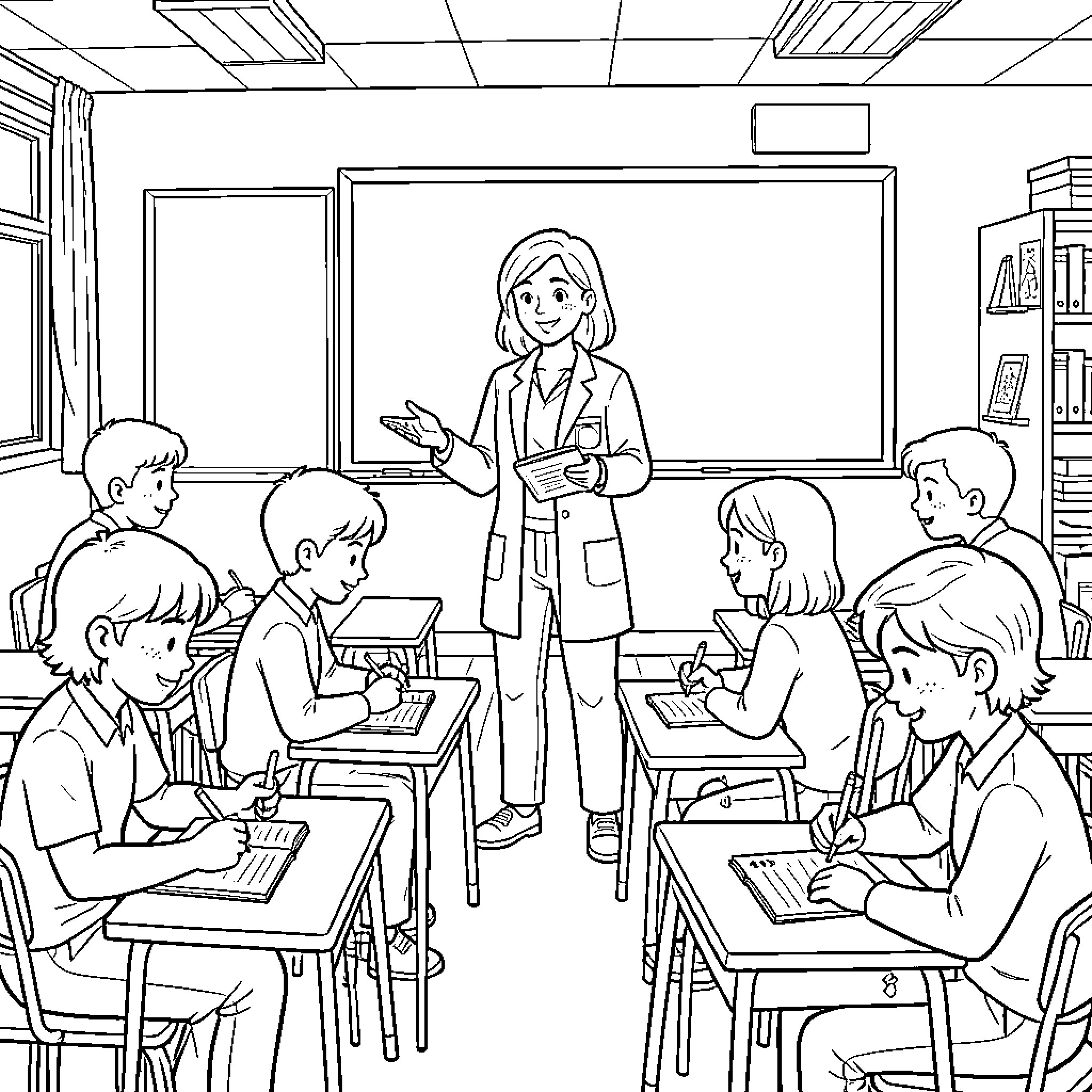 Teacher explaining a lesson to students in classroom Coloring Page (free black-and-white line drawing printable PDF for all, from beginners to advanced learners, including children, teens, adults, and seniors)