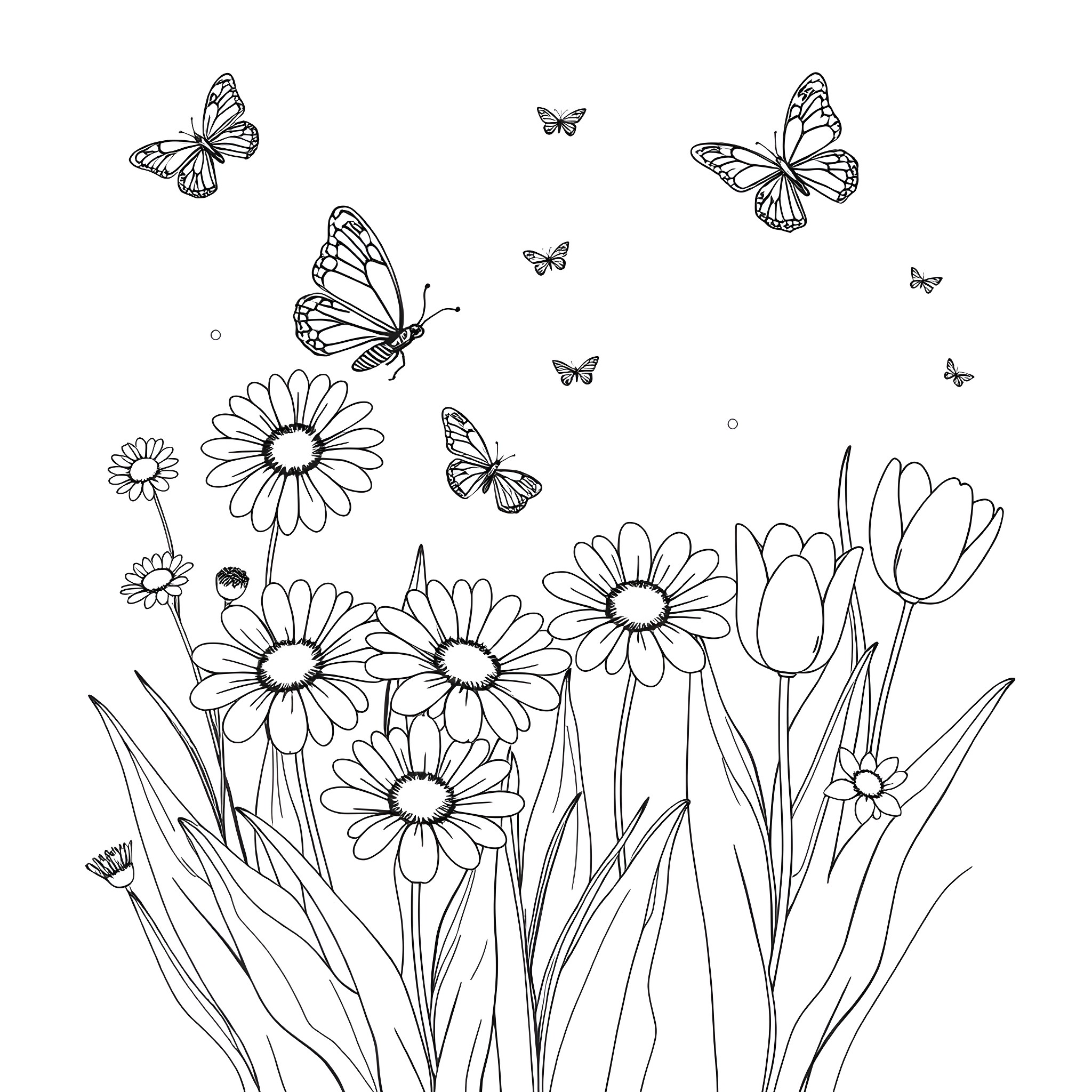 Flower Garden with Fluttering Butterflies Coloring Page (free black-and-white line drawing printable PDF for all, from beginners to advanced learners, including children, teens, adults, and seniors)