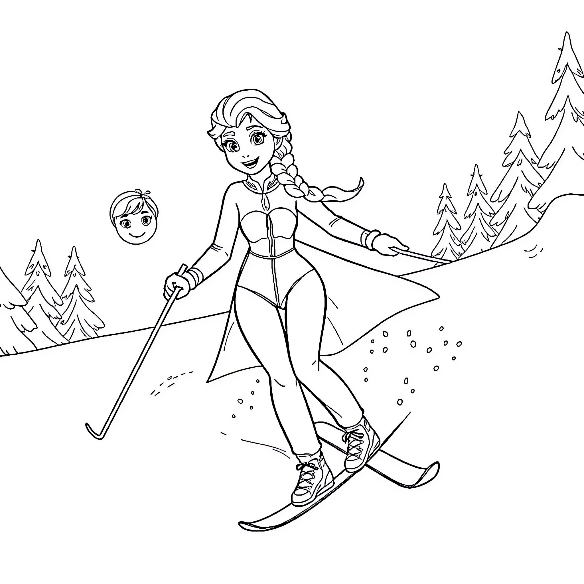 Elsa skiing through the snowy forest Coloring Page (free black-and-white line drawing printable PDF for all, from beginners to advanced learners, including children, teens, adults, and seniors)