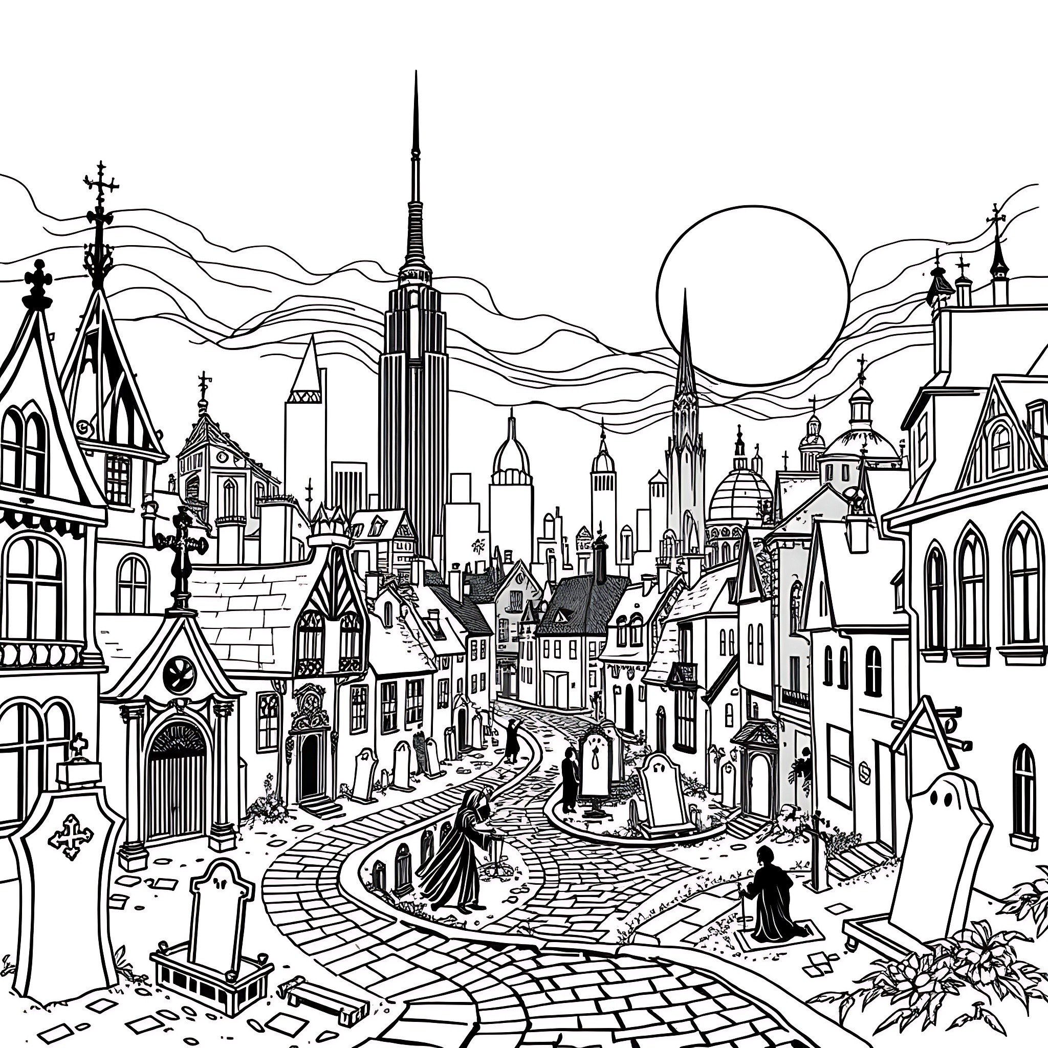 Skull of a Bustling Medieval City under the Moonlight Coloring Page (free black-and-white line drawing printable PDF for all, from beginners to advanced learners, including children, teens, adults, and seniors)