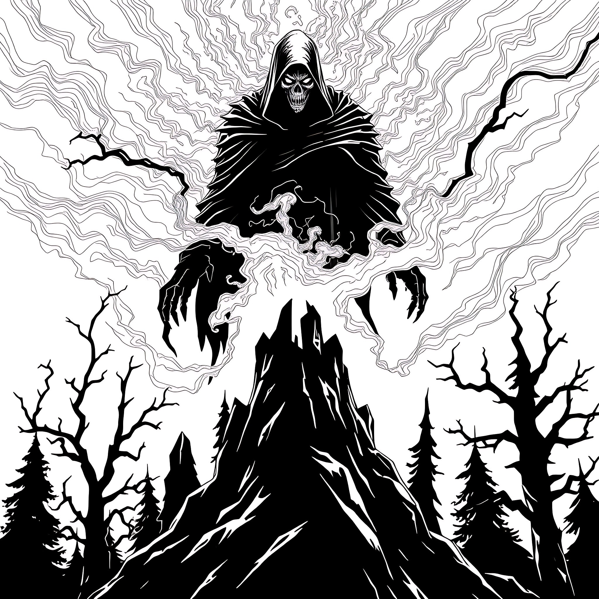 Evil Body of Darkness and Despair Coloring Page (free black-and-white line drawing printable PDF for all, from beginners to advanced learners, including children, teens, adults, and seniors)