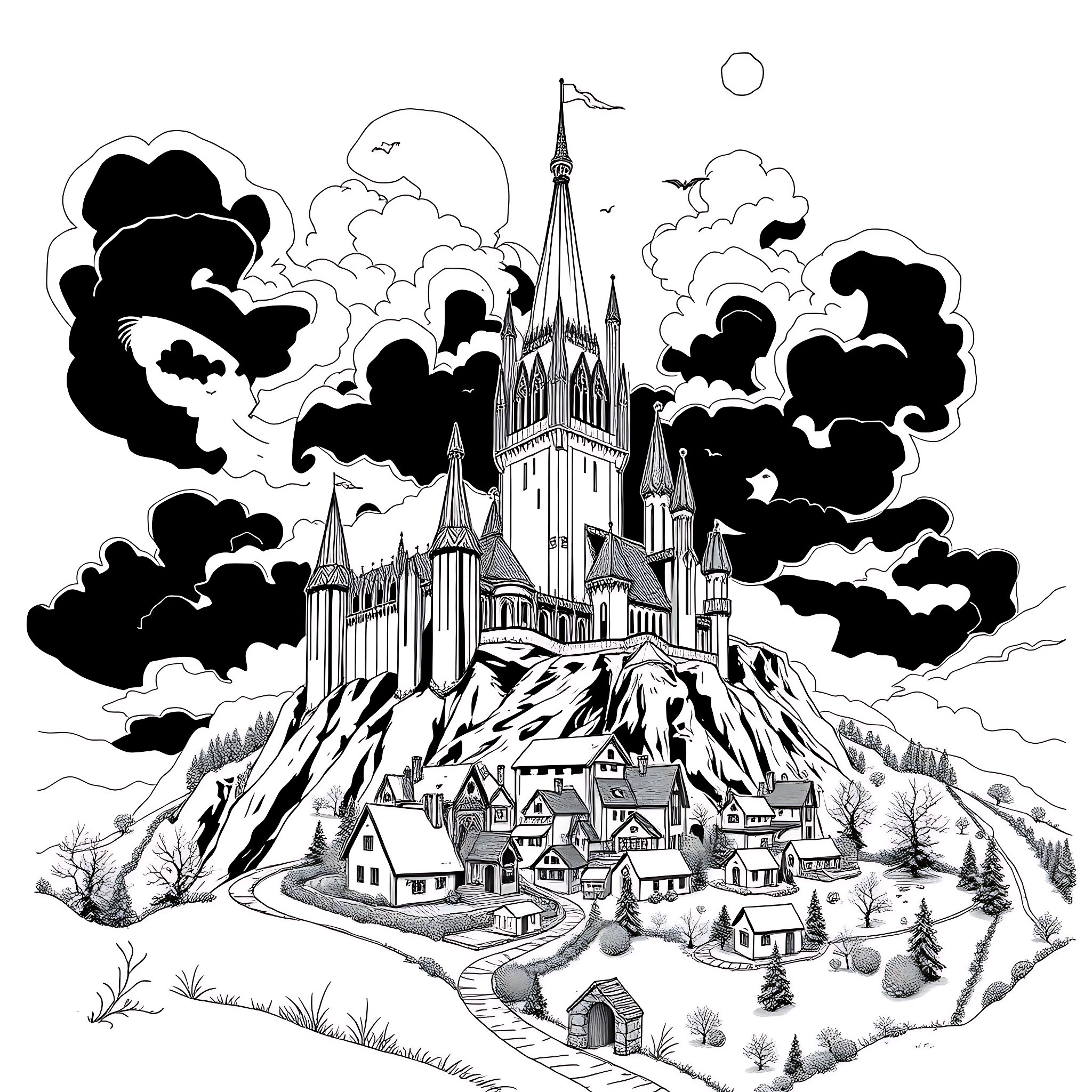 Castle surrounded by a magical landscape Coloring Page (free black-and-white line drawing printable PDF for all, from beginners to advanced learners, including children, teens, adults, and seniors)
