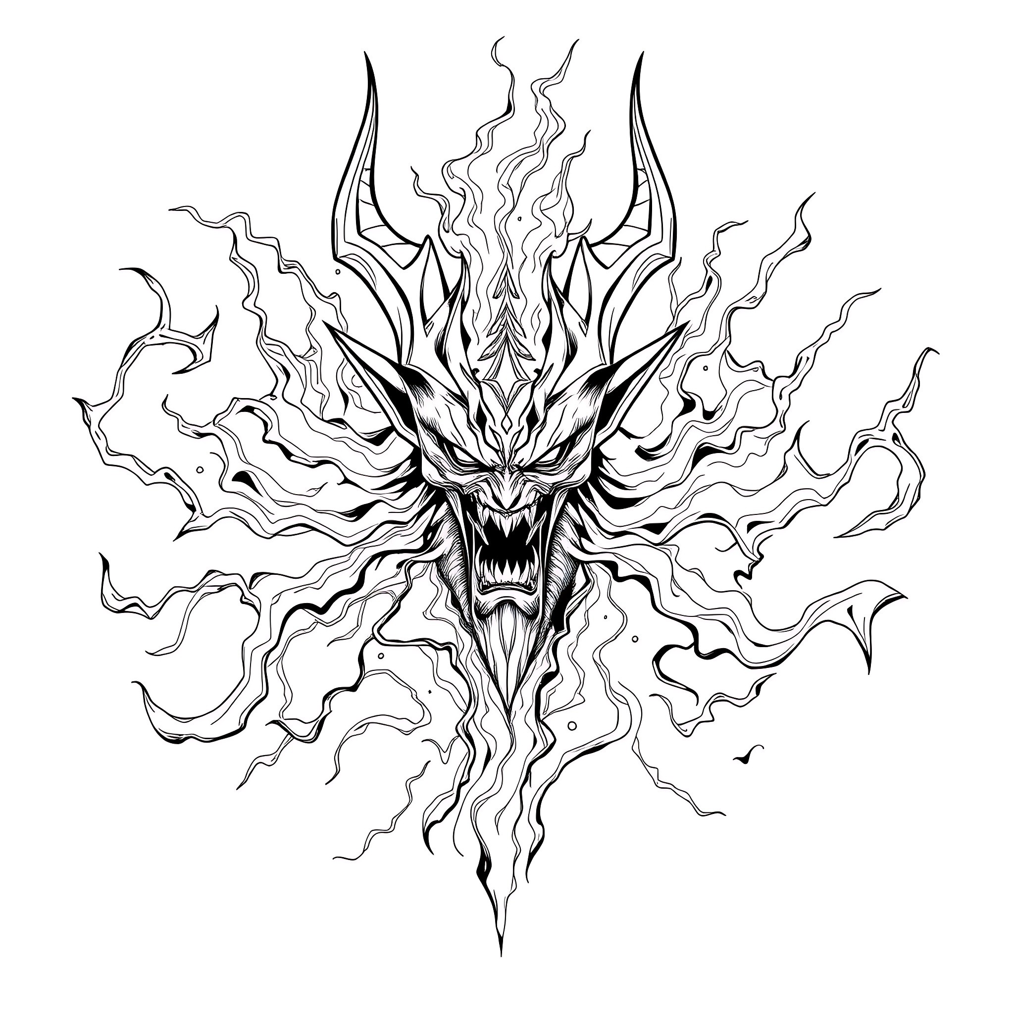 God's Demonic Visage Unleashes Chaos Coloring Page (free black-and-white line drawing printable PDF for all, from beginners to advanced learners, including children, teens, adults, and seniors)