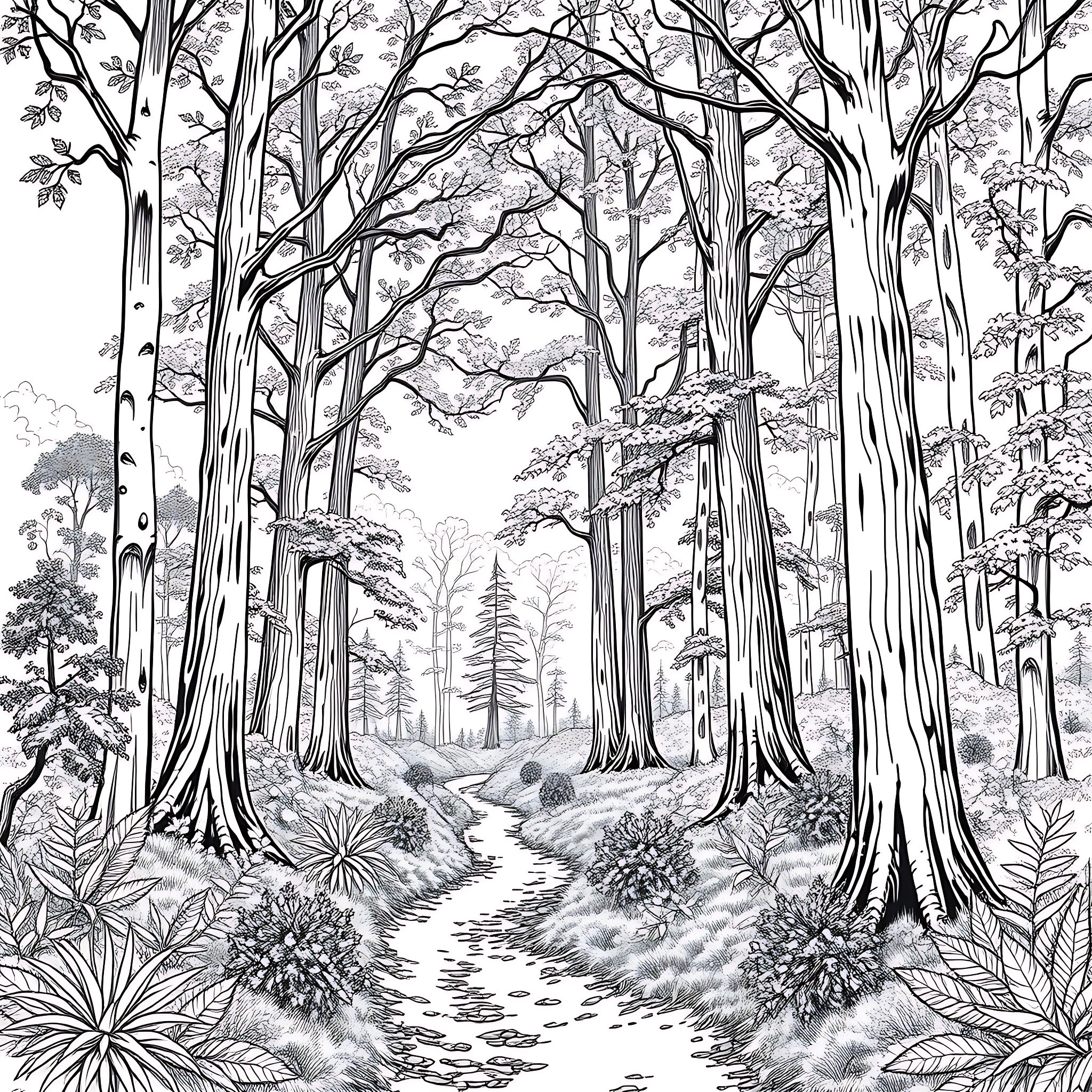 Forest Trail through the Enchanted Woodland Coloring Page (free black-and-white line drawing printable PDF for all, from beginners to advanced learners, including children, teens, adults, and seniors)