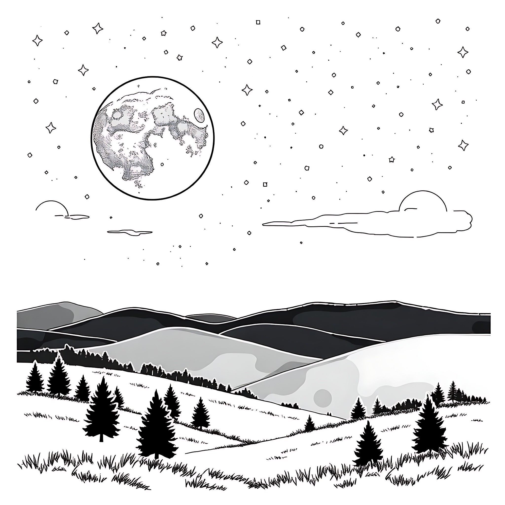 Moon over serene mountain landscape Coloring Page (free black-and-white line drawing printable PDF for all, from beginners to advanced learners, including children, teens, adults, and seniors)