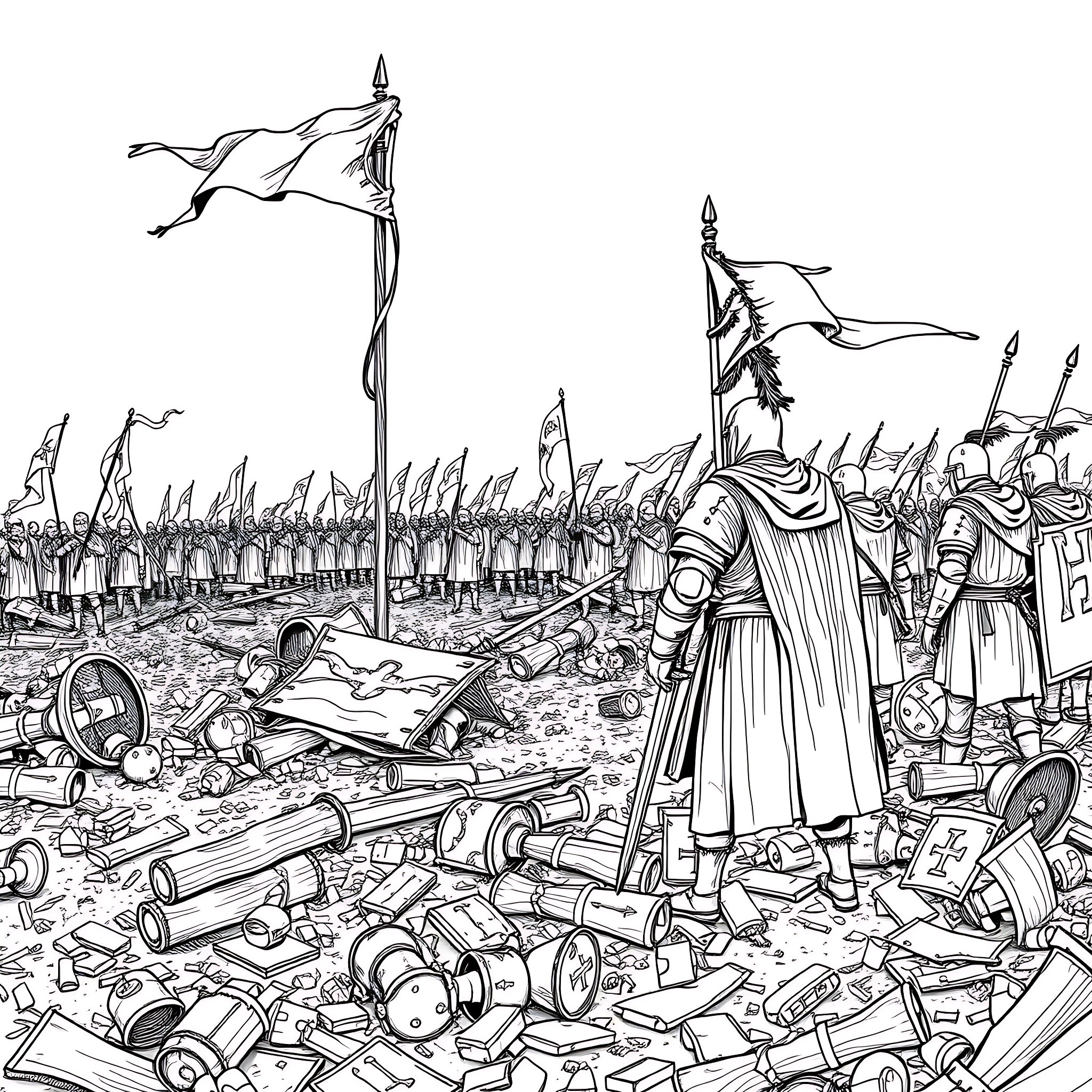 Crusaders in the Midst of Battle Coloring Page (free black-and-white line drawing printable PDF for all, from beginners to advanced learners, including children, teens, adults, and seniors)