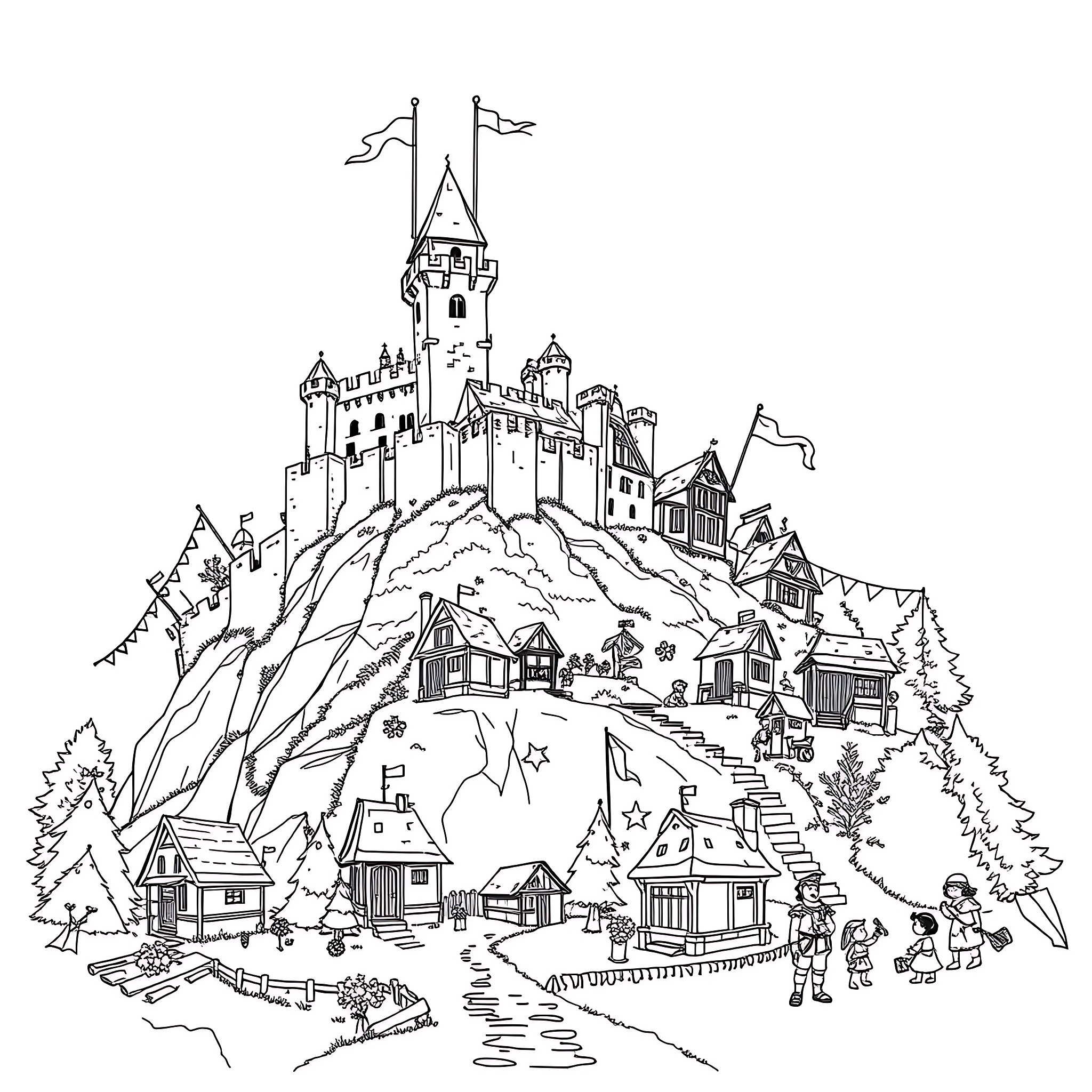 Castle with Quaint Village at the Foot of the Mountain Coloring Page (free black-and-white line drawing printable PDF for all, from beginners to advanced learners, including children, teens, adults, and seniors)