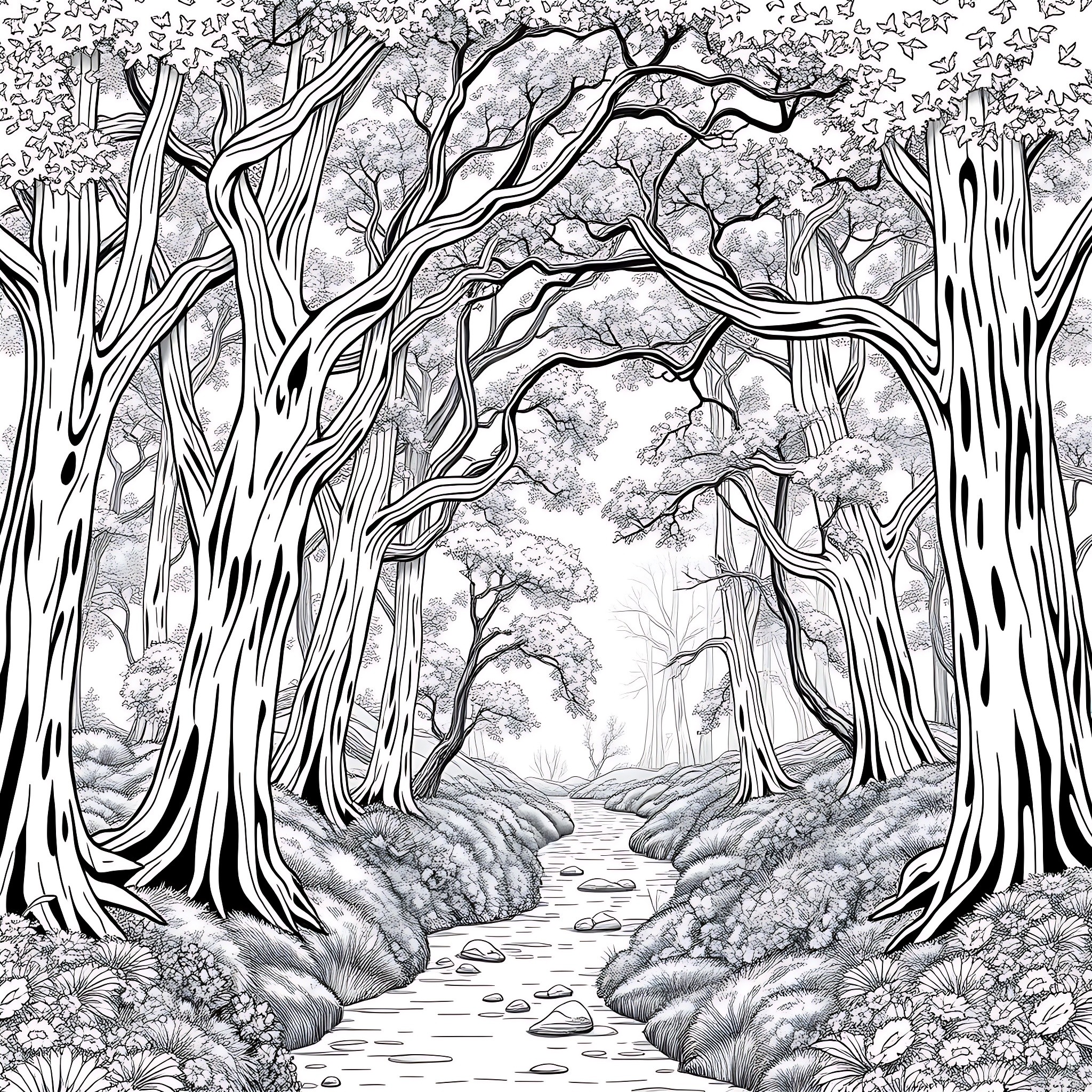 Forest path surrounded by intricate tree branches Coloring Page (free black-and-white line drawing printable PDF for all, from beginners to advanced learners, including children, teens, adults, and seniors)