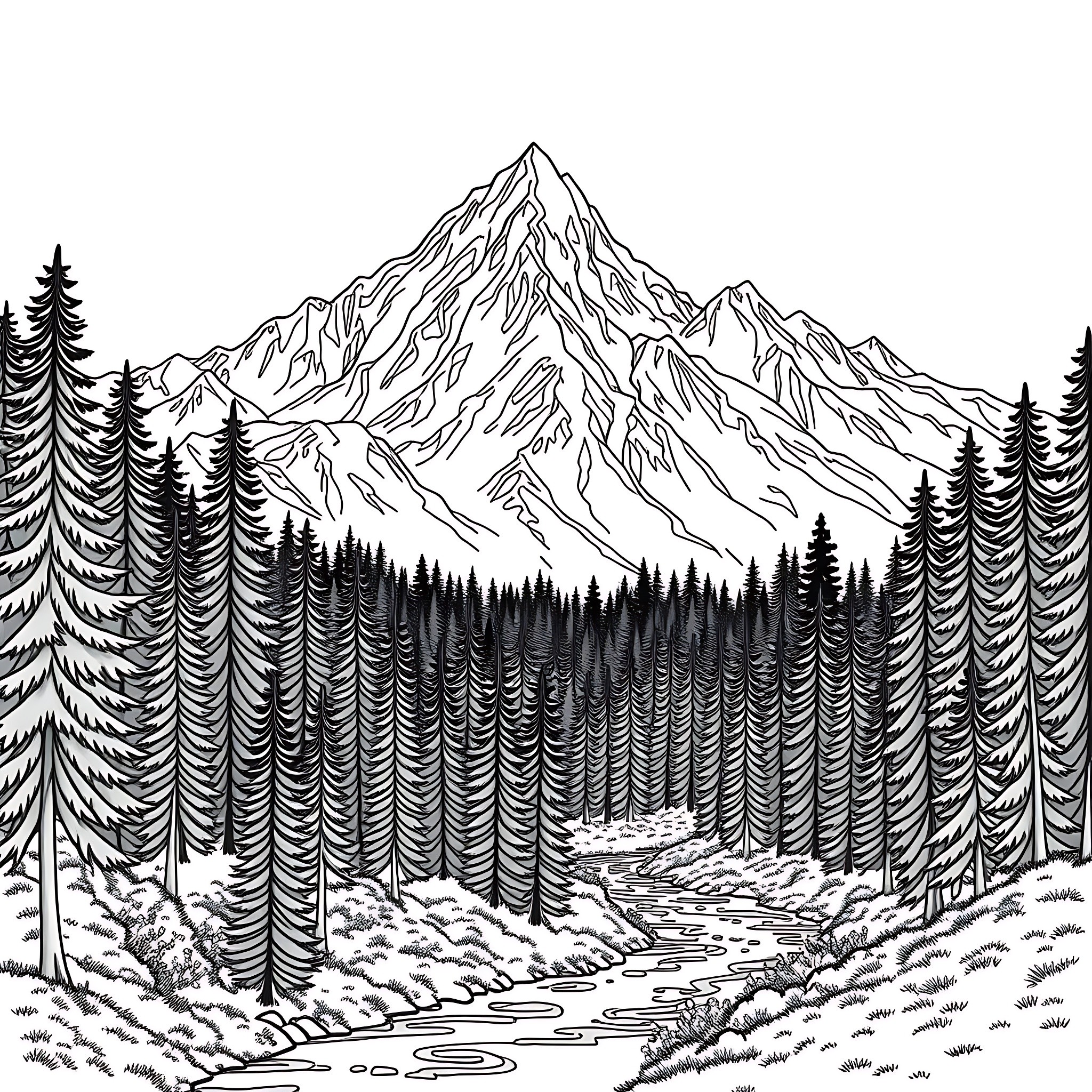 Mountain landscape with snowy peaks and pine trees Coloring Page (free black-and-white line drawing printable PDF for all, from beginners to advanced learners, including children, teens, adults, and seniors)