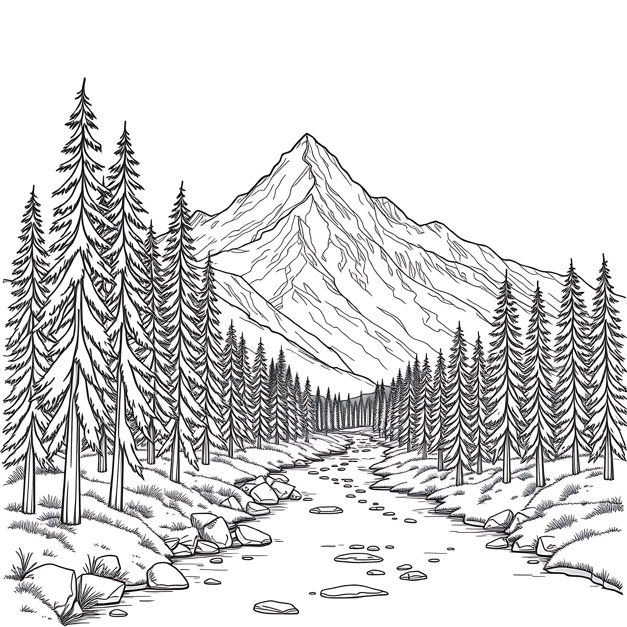 Mountain landscape with hiking trail and pine trees Coloring Page (free black-and-white line drawing printable PDF for all, from beginners to advanced learners, including children, teens, adults, and seniors)