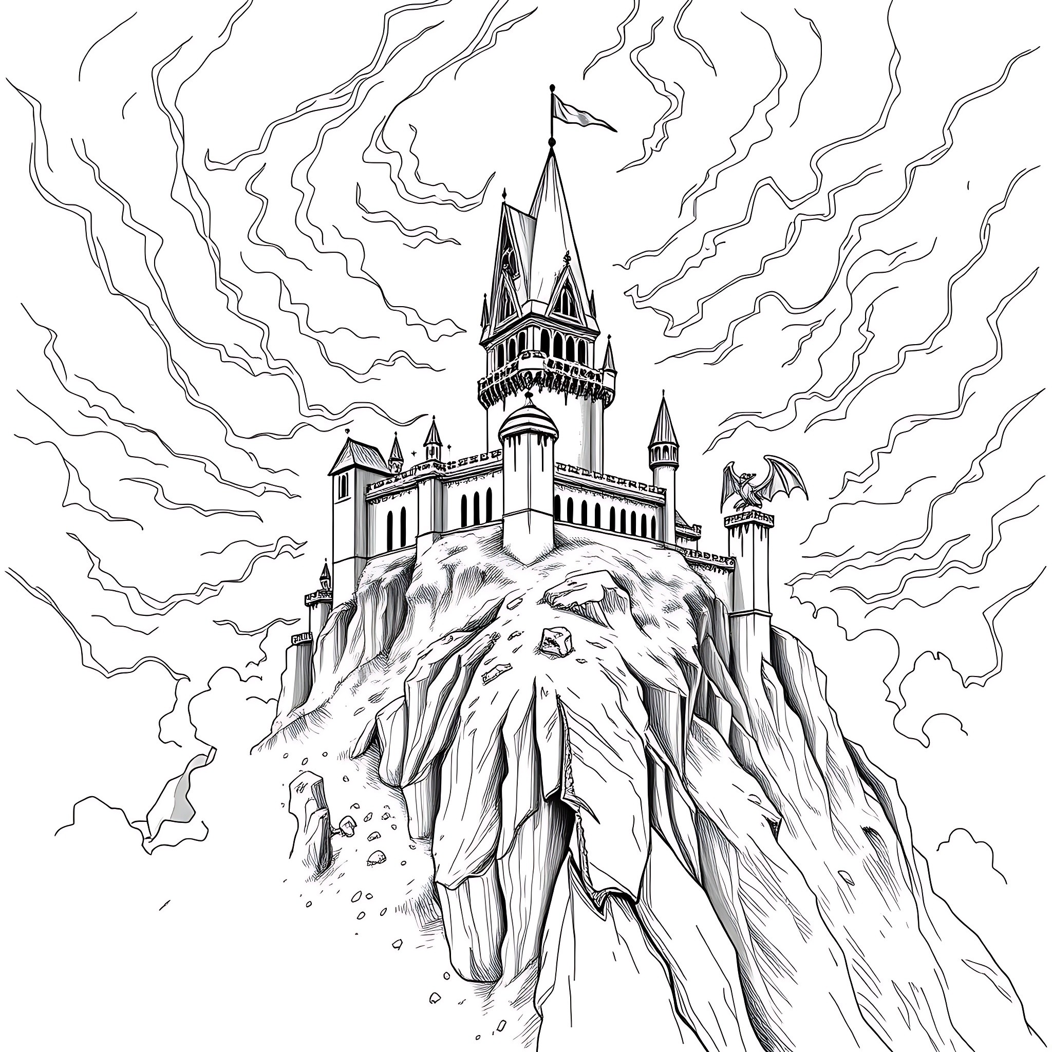Majestic Castle Atop a Rocky Cliff Coloring Page (free black-and-white line drawing printable PDF for all, from beginners to advanced learners, including children, teens, adults, and seniors)