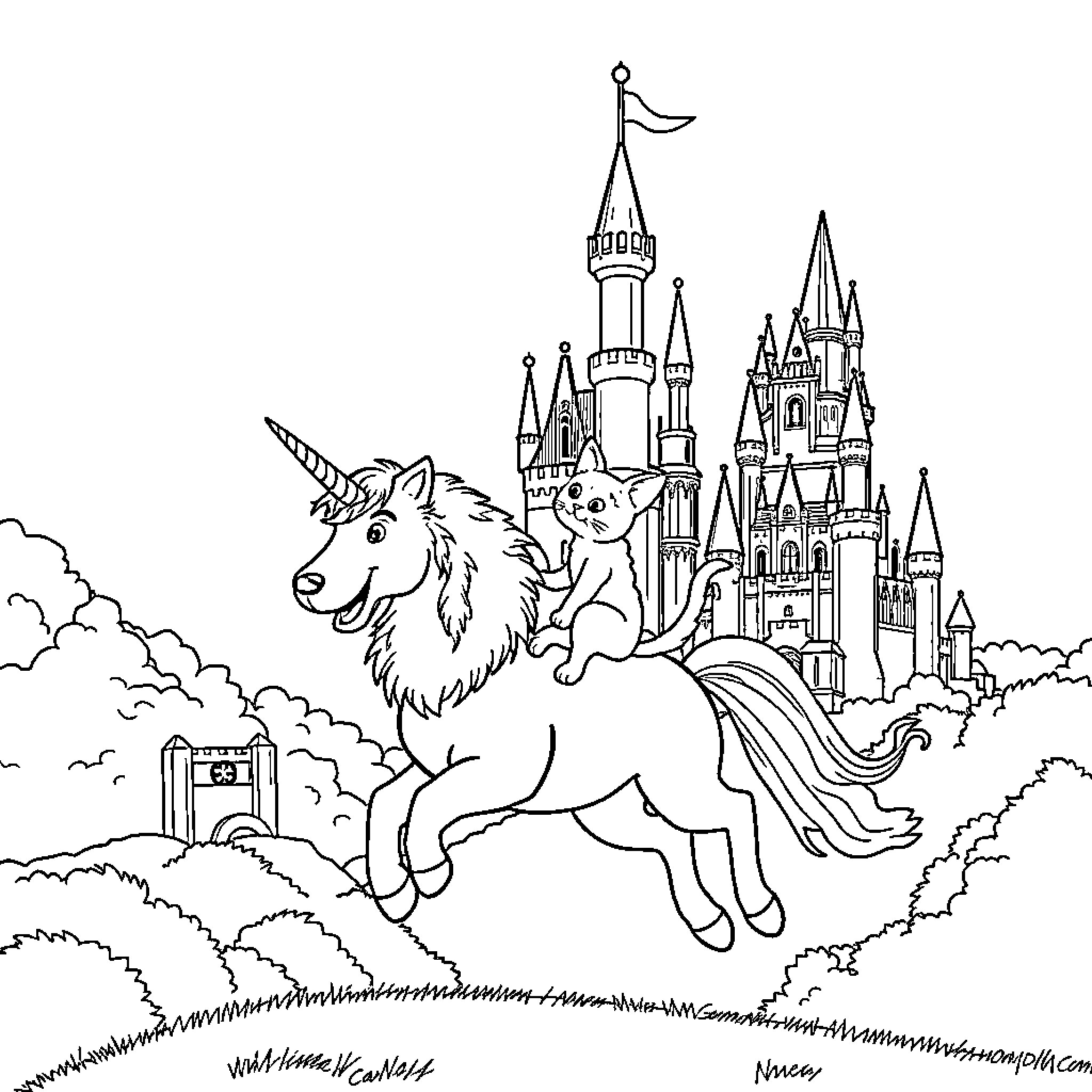 Dog riding magical unicorn near fantasy castle Coloring Page (free black-and-white line drawing printable PDF for all, from beginners to advanced learners, including children, teens, adults, and seniors)