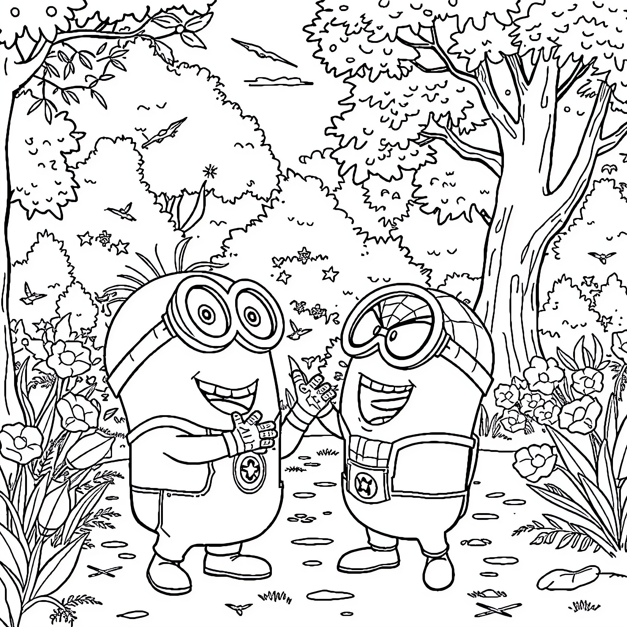 Minions enjoying a nature walk in the forest Coloring Page (free black-and-white line drawing printable PDF for all, from beginners to advanced learners, including children, teens, adults, and seniors)