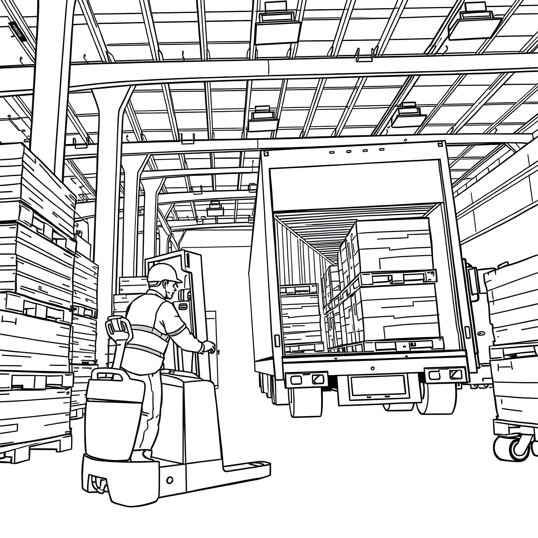 Truck driver moving goods in warehouse Coloring Page (free black-and-white line drawing printable PDF for all, from beginners to advanced learners, including children, teens, adults, and seniors)