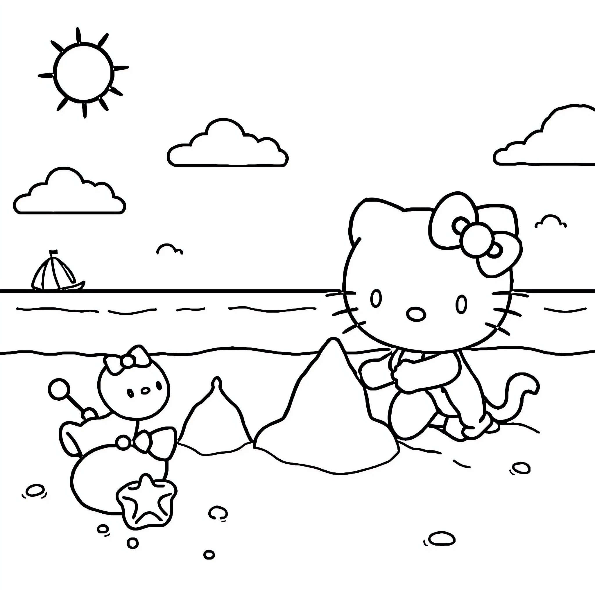 Hello Kitty playing on the beach with friends Coloring Page (free black-and-white line drawing printable PDF for all, from beginners to advanced learners, including children, teens, adults, and seniors)