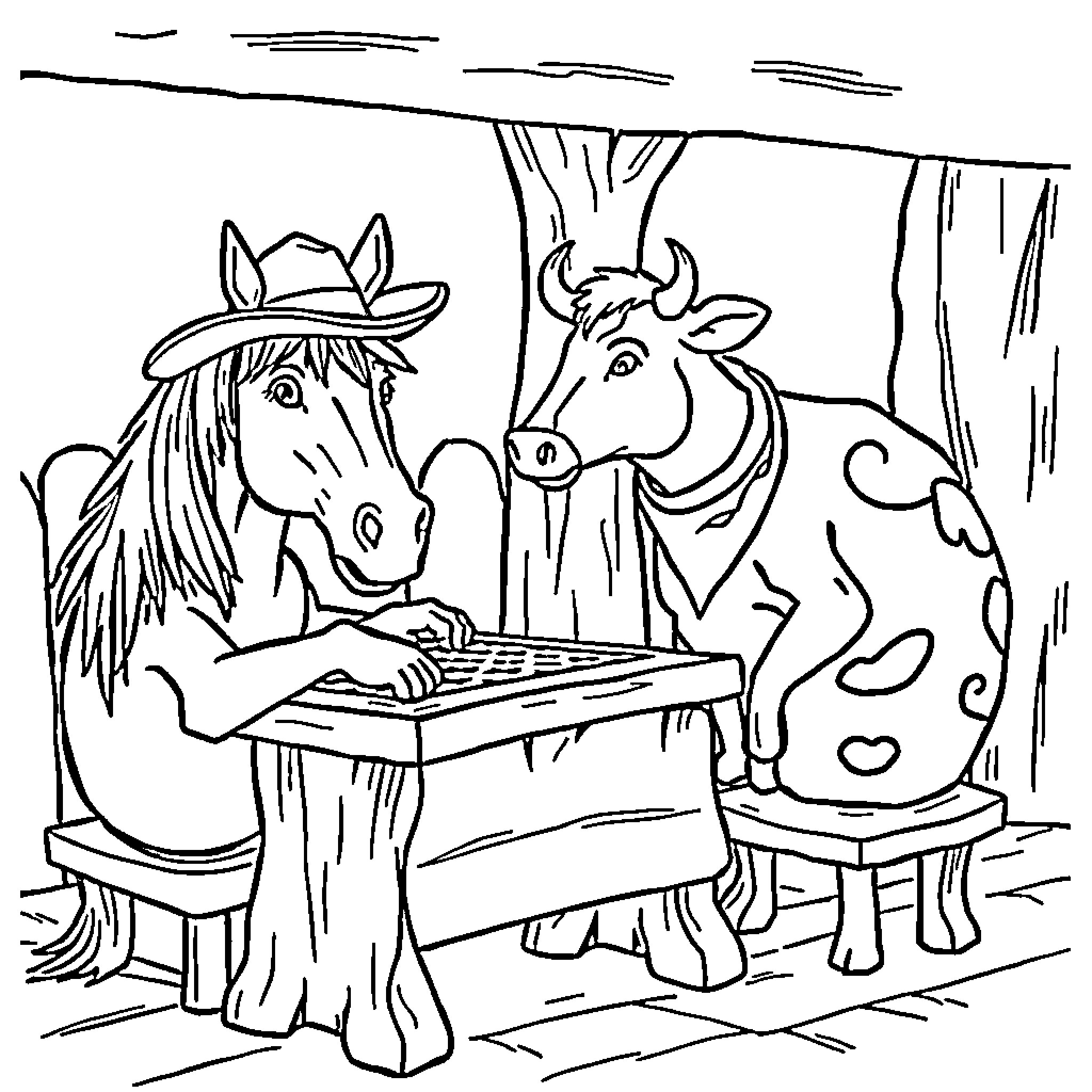 Horse friends playing chess in the forest Coloring Page (free black-and-white line drawing printable PDF for all, from beginners to advanced learners, including children, teens, adults, and seniors)