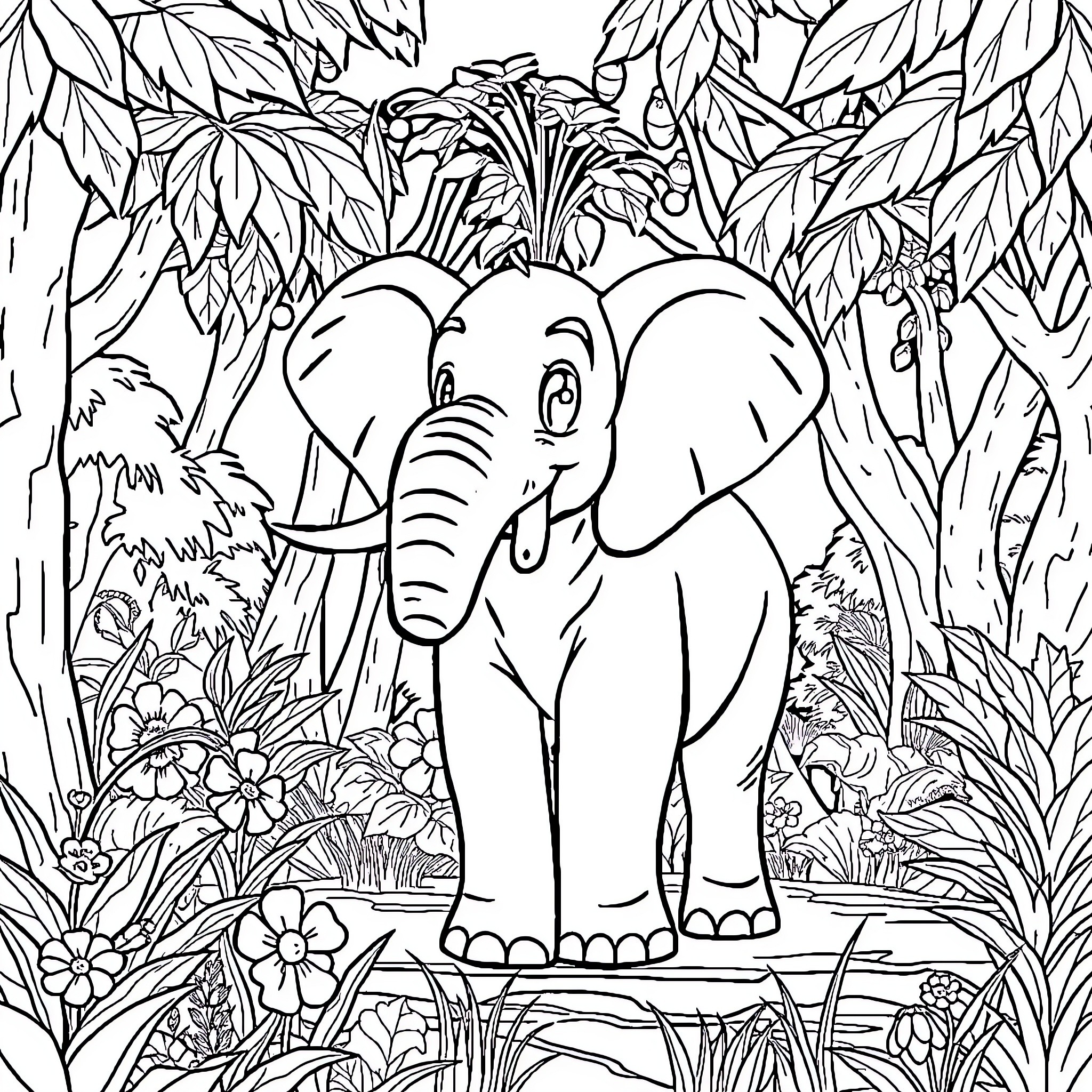 Elephant exploring lush jungle environment Coloring Page (free black-and-white line drawing printable PDF for all, from beginners to advanced learners, including children, teens, adults, and seniors)