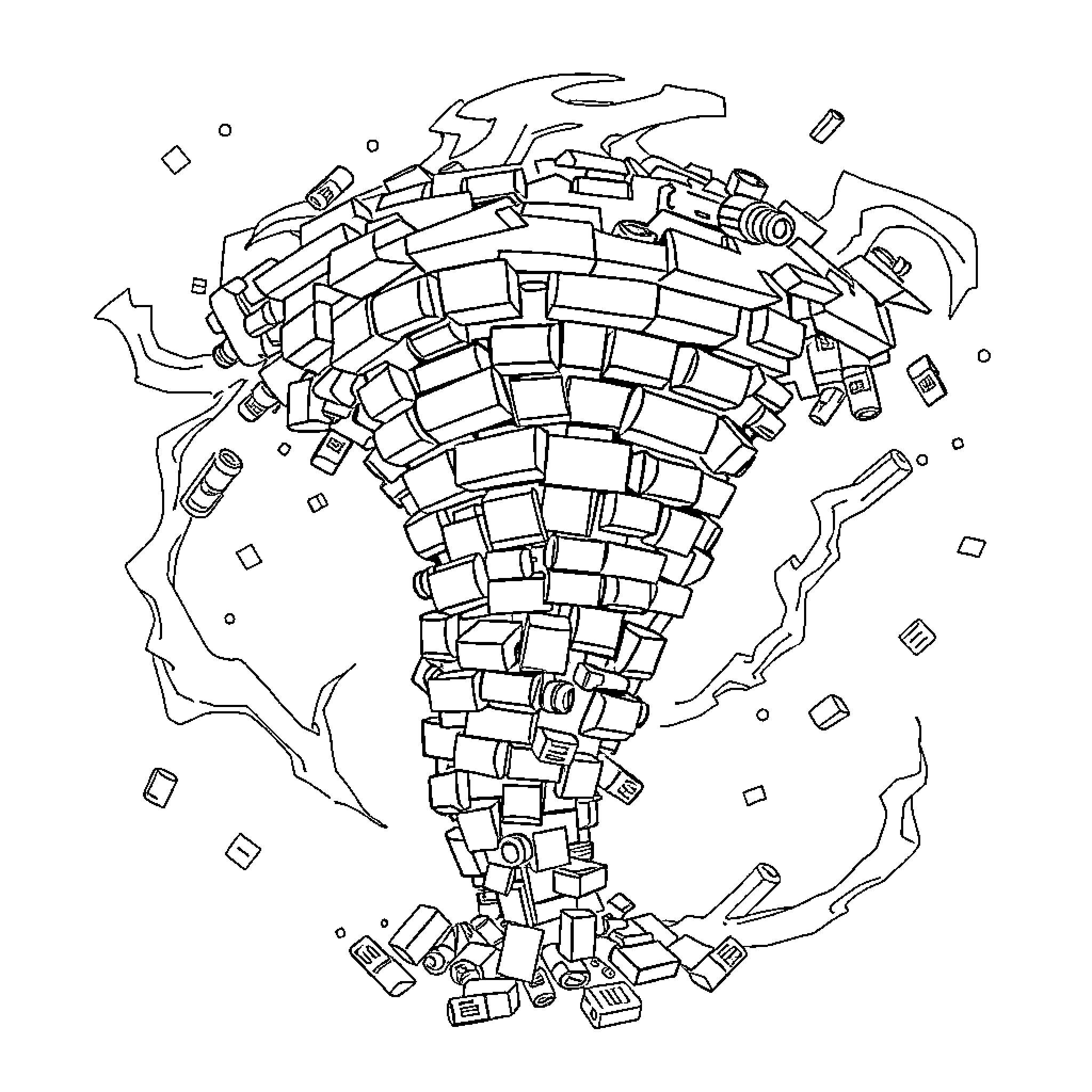 Tornado made of broken and scattered bricks Coloring Page (free black-and-white line drawing printable PDF for all, from beginners to advanced learners, including children, teens, adults, and seniors)
