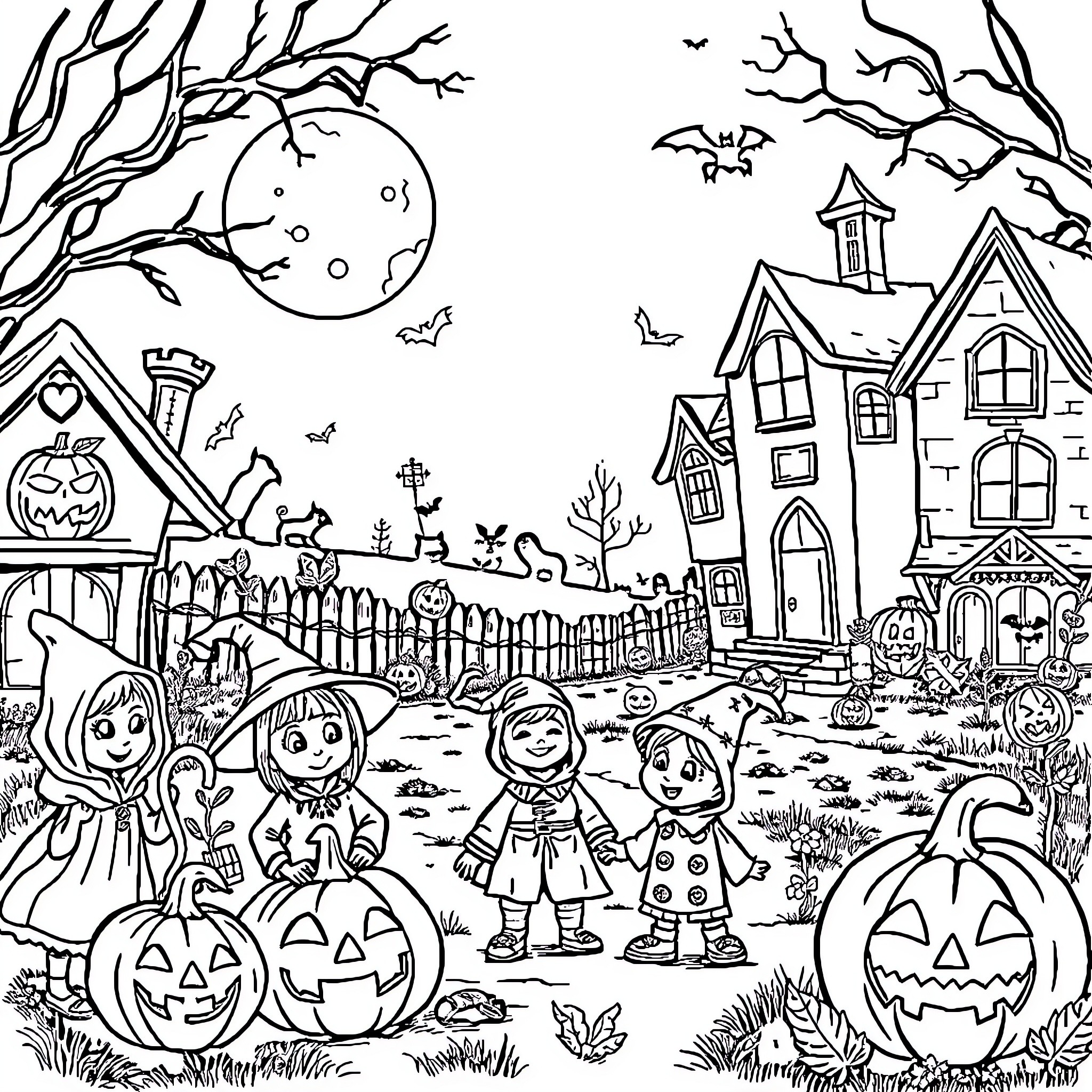 Halloween Scene with Trick-or-Treaters and Haunted House Coloring Page (free black-and-white line drawing printable PDF for all, from beginners to advanced learners, including children, teens, adults, and seniors)