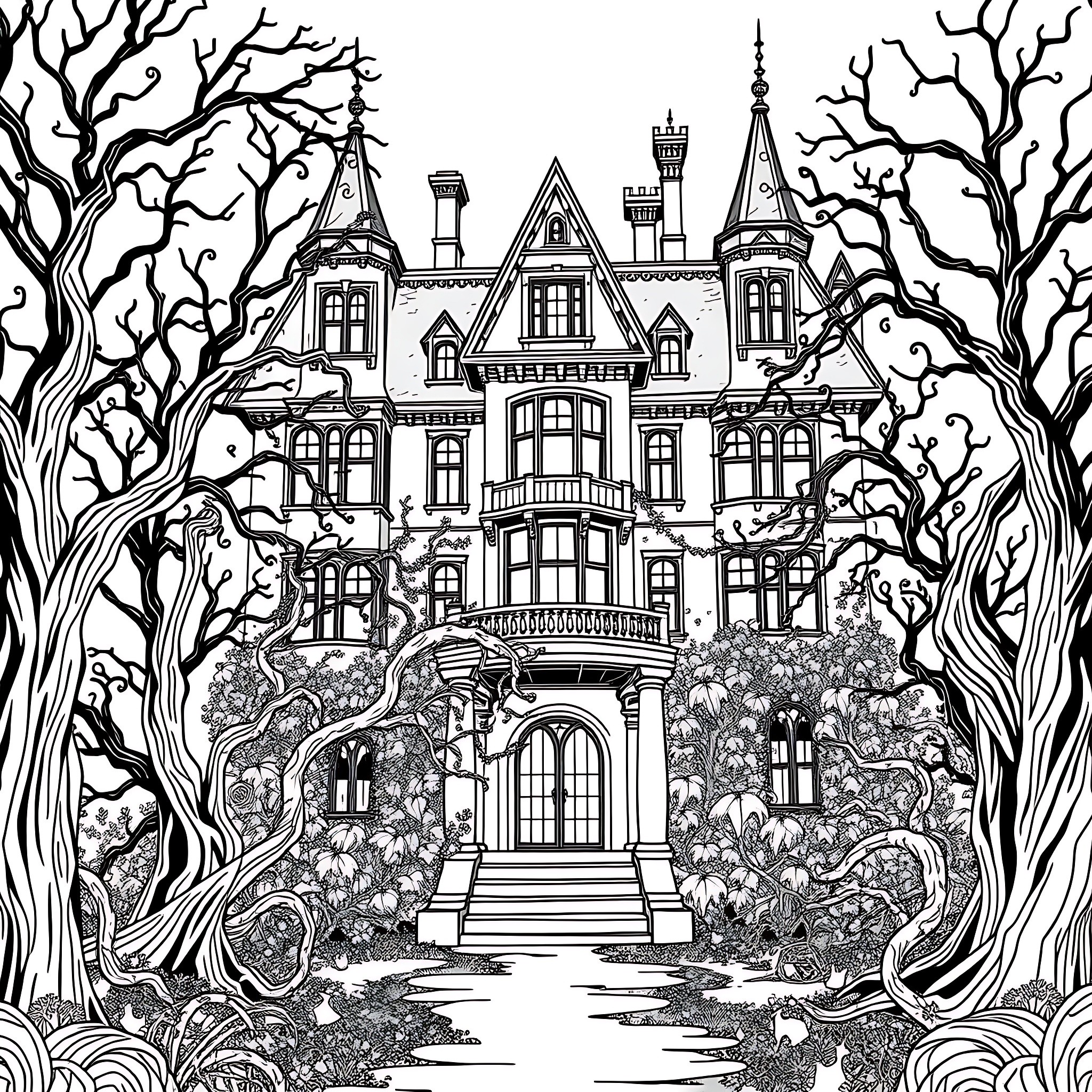 Haunted House in Spooky Forest Landscape Coloring Page (free black-and-white line drawing printable PDF for all, from beginners to advanced learners, including children, teens, adults, and seniors)