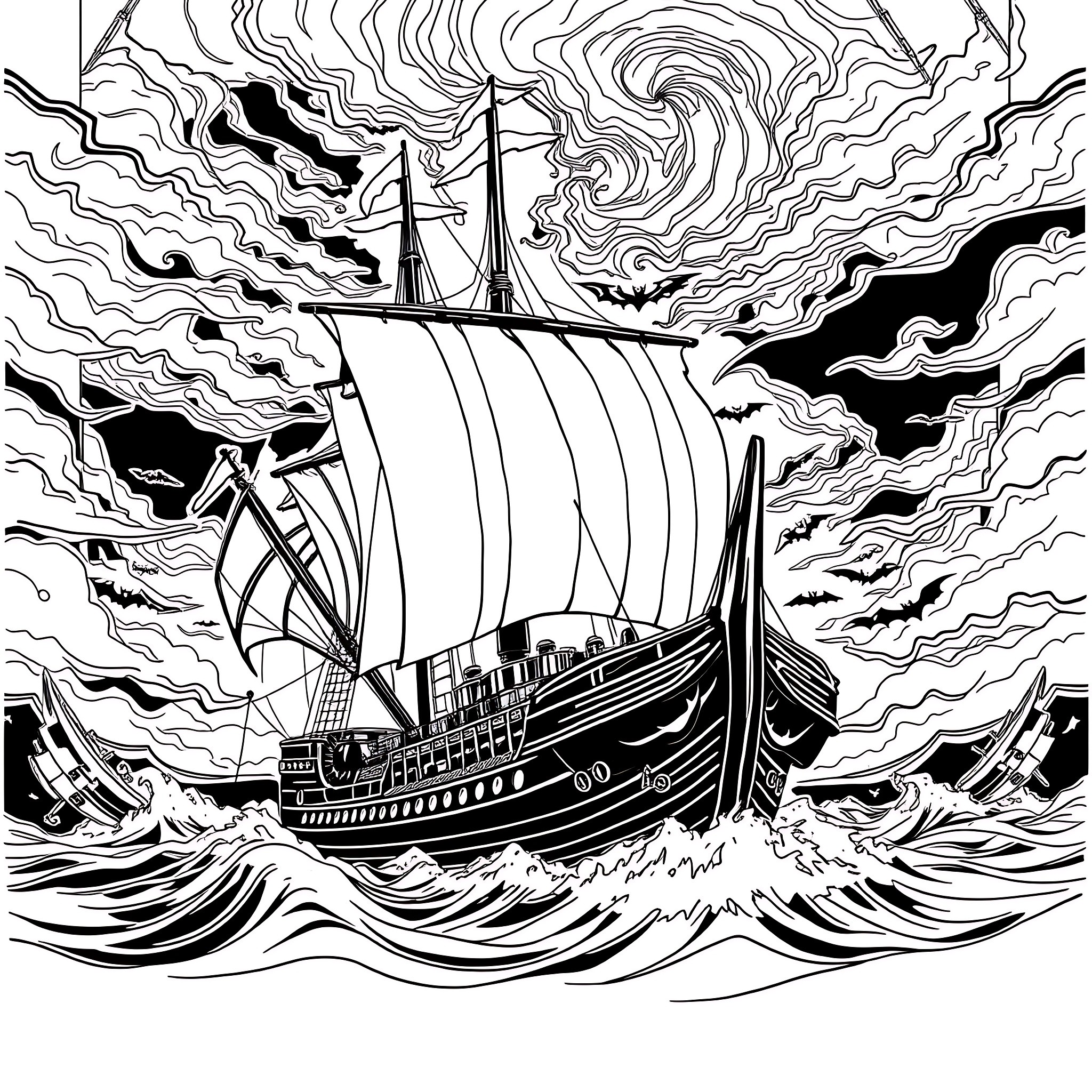 Vampire Ship Sailing Through Turbulent Waves Coloring Page (free black-and-white line drawing printable PDF for all, from beginners to advanced learners, including children, teens, adults, and seniors)