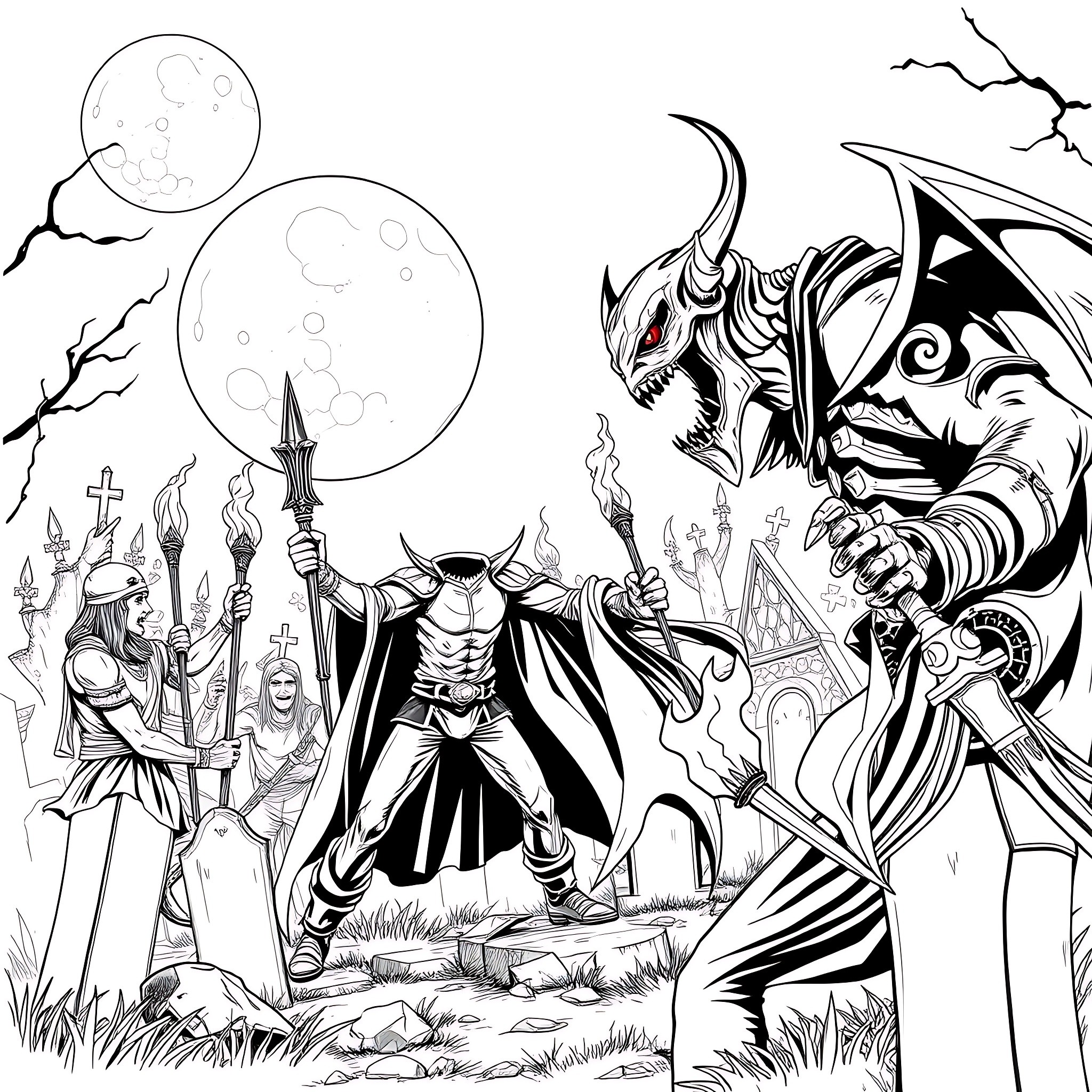 Vampire Warrior Battles Fearsome Dragon in Dark Fantasy Landscape Coloring Page (free black-and-white line drawing printable PDF for all, from beginners to advanced learners, including children, teens, adults, and seniors)