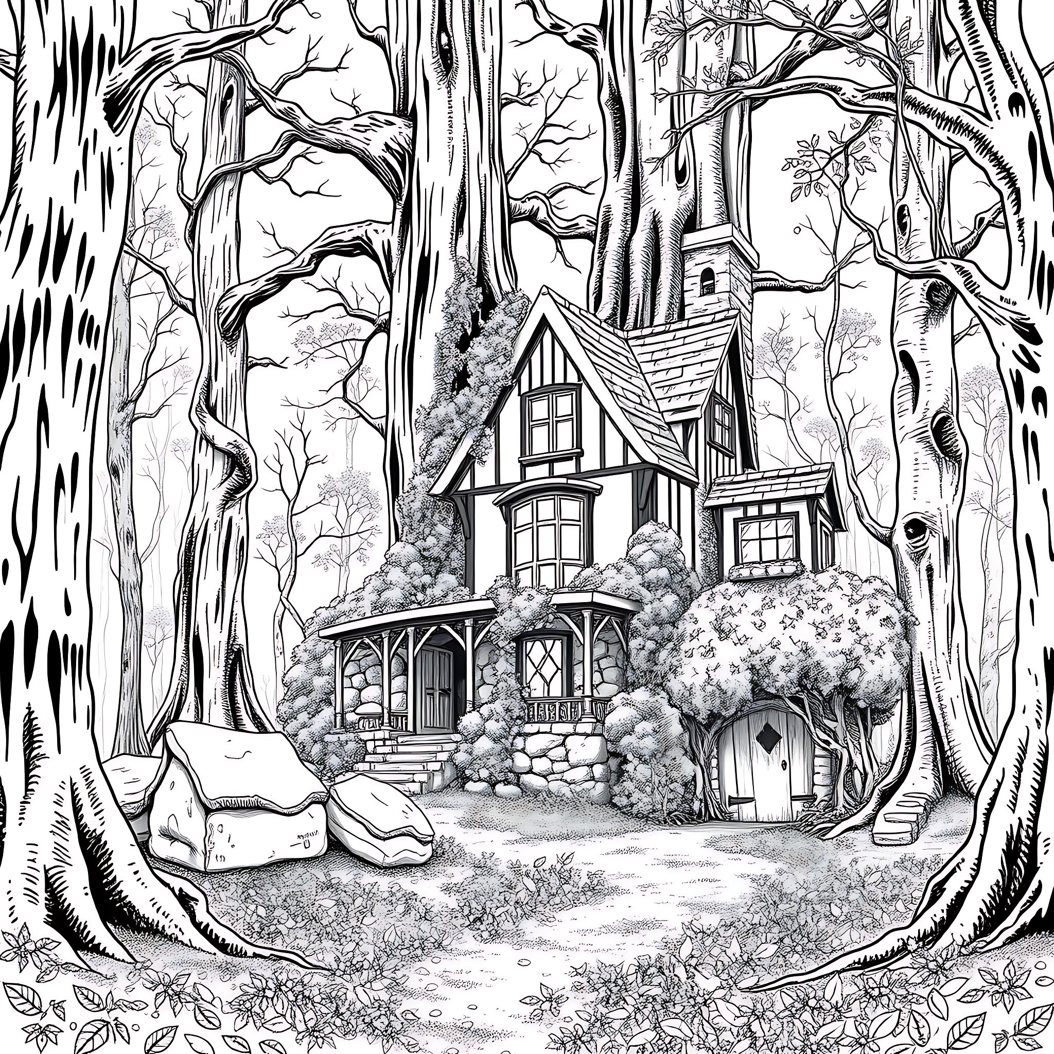Forest House in Enchanting Woodland Scenery Coloring Page (free black-and-white line drawing printable PDF for all, from beginners to advanced learners, including children, teens, adults, and seniors)