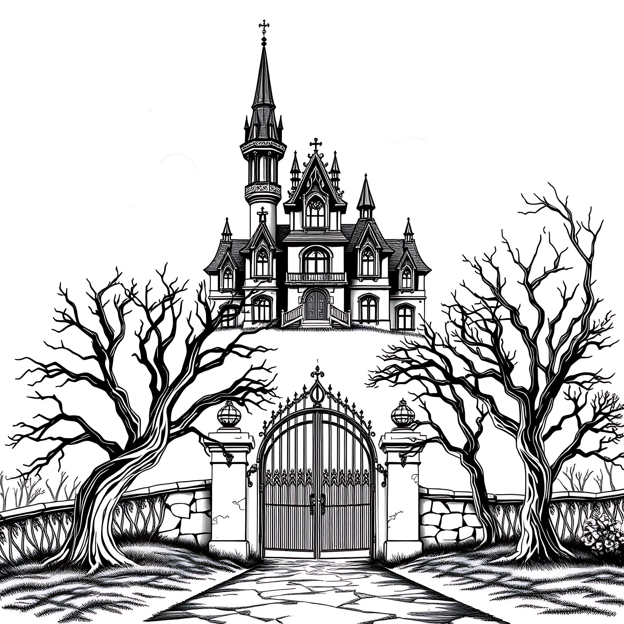 Vampire Castle Looming in the Eerie Landscape Coloring Page (free black-and-white line drawing printable PDF for all, from beginners to advanced learners, including children, teens, adults, and seniors)