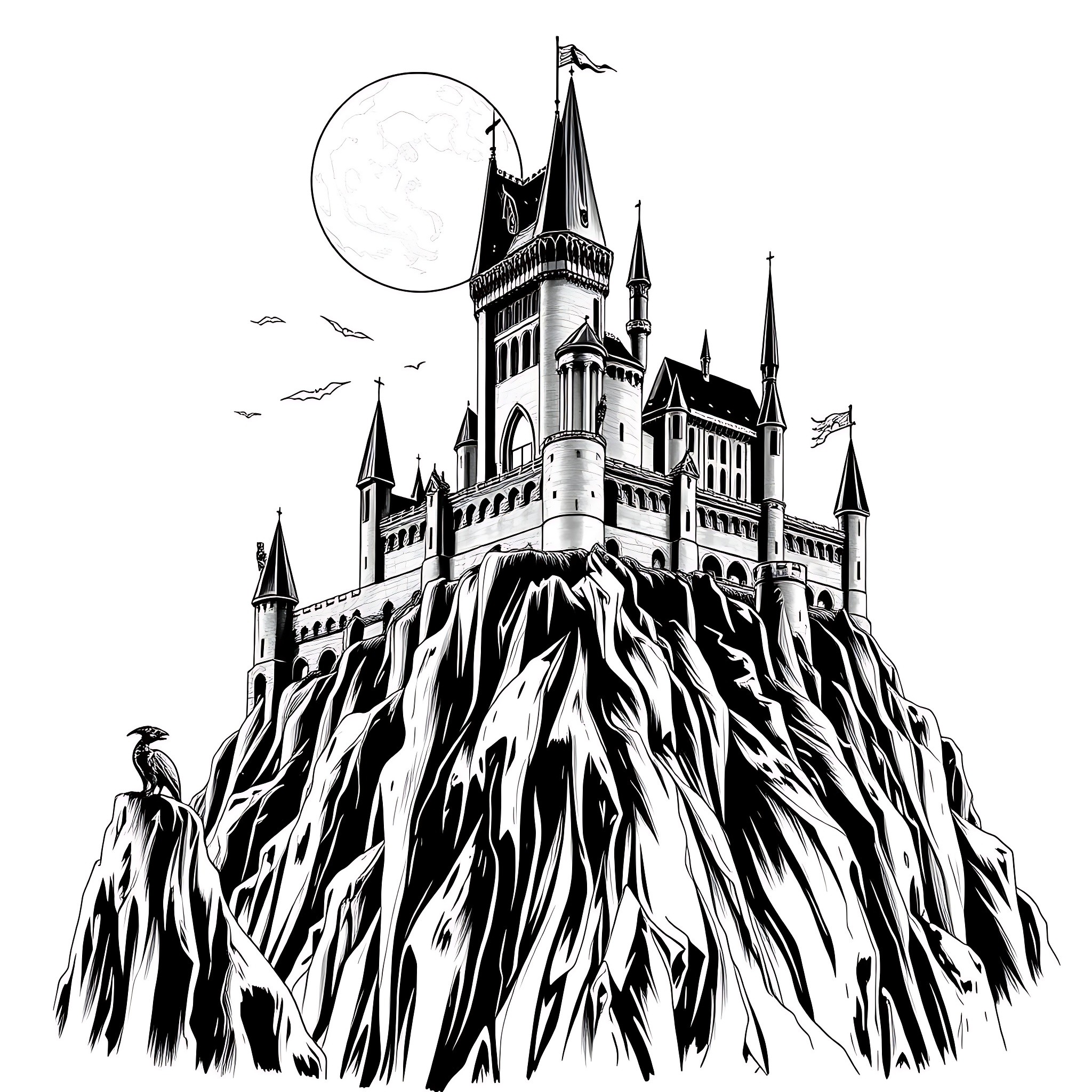 Castle perched atop a towering mountain Coloring Page (free black-and-white line drawing printable PDF for all, from beginners to advanced learners, including children, teens, adults, and seniors)
