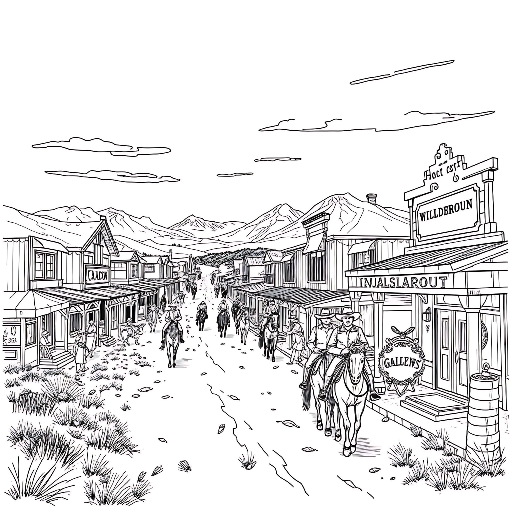 Wild West Town with Bustling Activity and Rugged Scenery Coloring Page (free black-and-white line drawing printable PDF for all, from beginners to advanced learners, including children, teens, adults, and seniors)