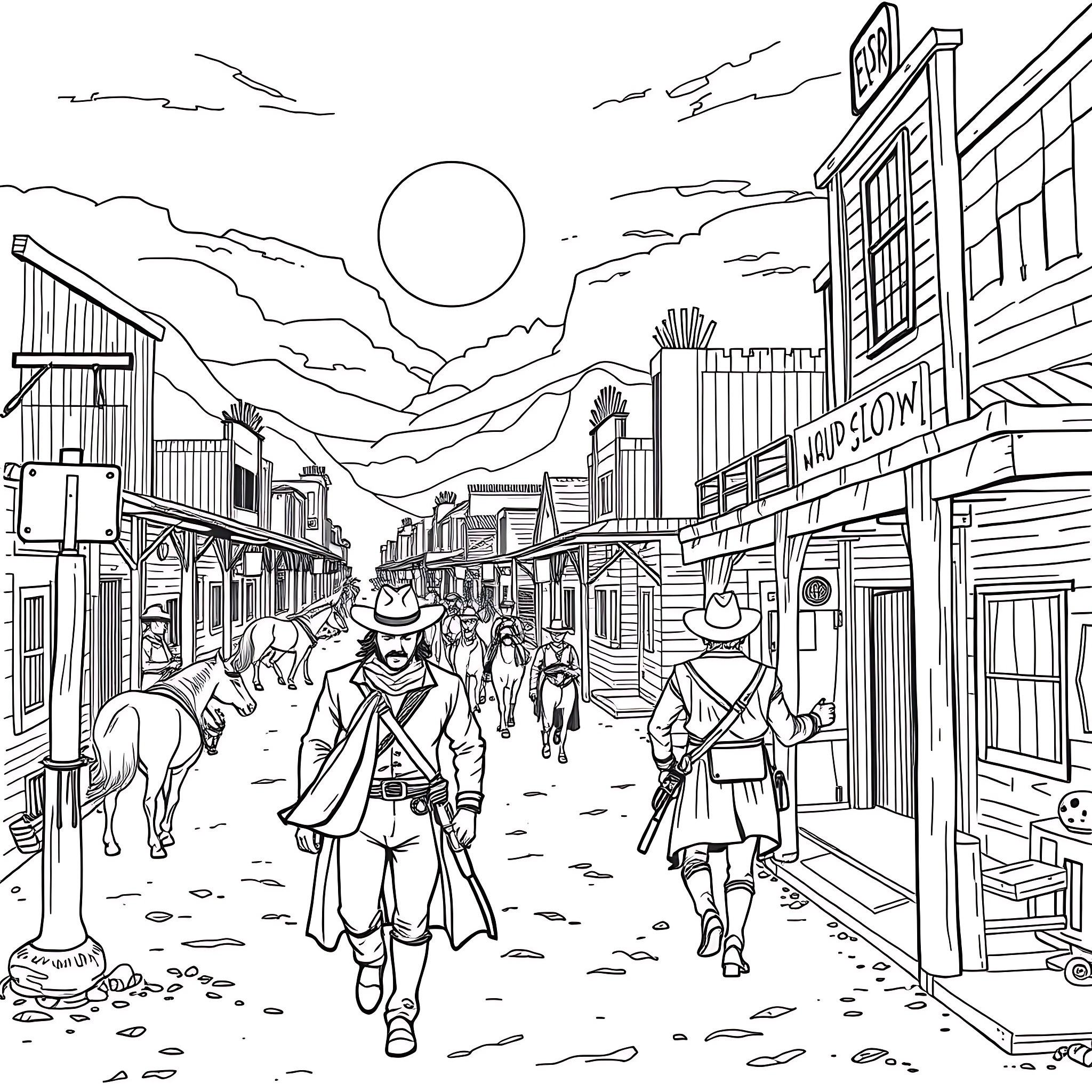 Western scene with cowboys walking down the street Coloring Page (free black-and-white line drawing printable PDF for all, from beginners to advanced learners, including children, teens, adults, and seniors)