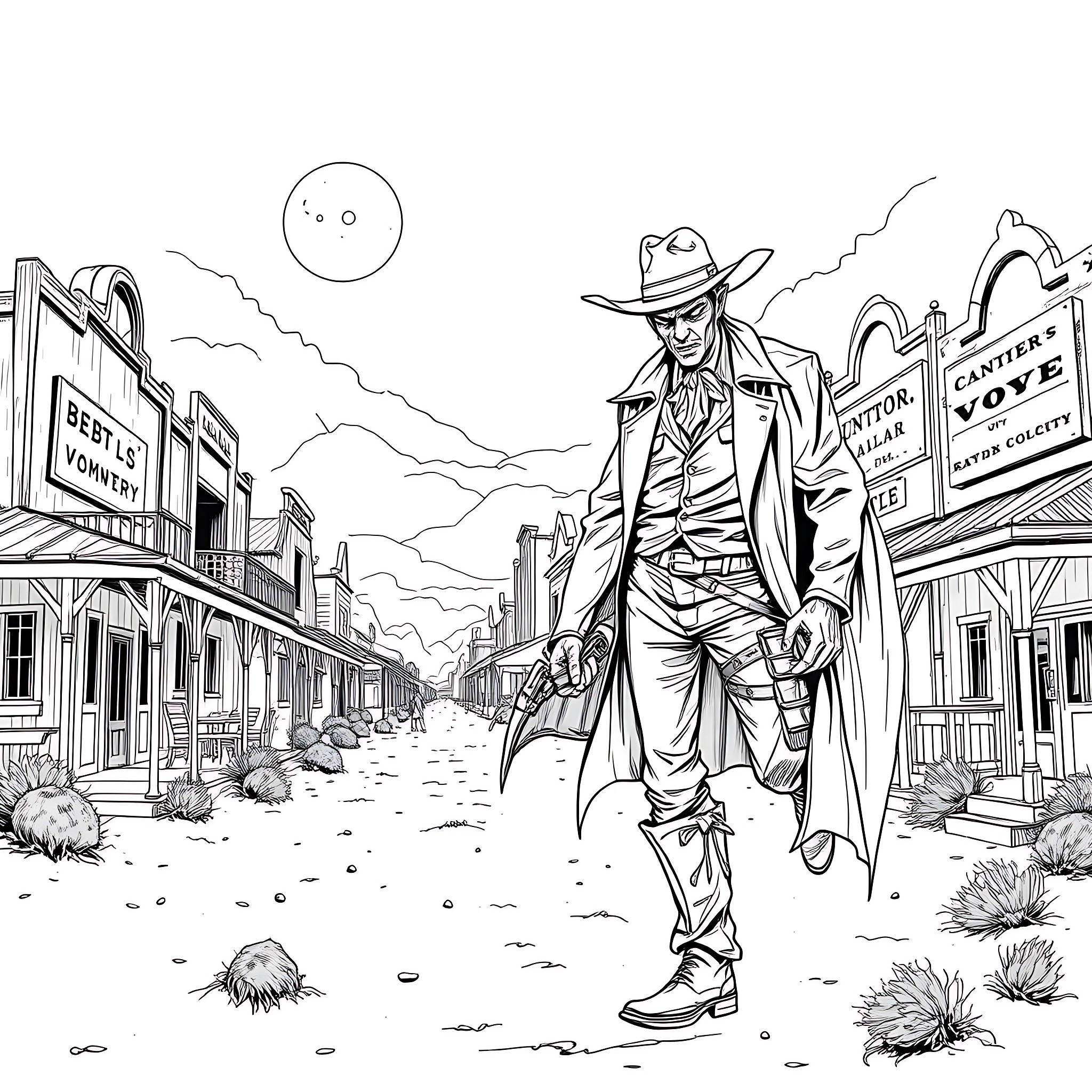 Vampire Sheriff Striding Through the Wild West Town Coloring Page (free black-and-white line drawing printable PDF for all, from beginners to advanced learners, including children, teens, adults, and seniors)